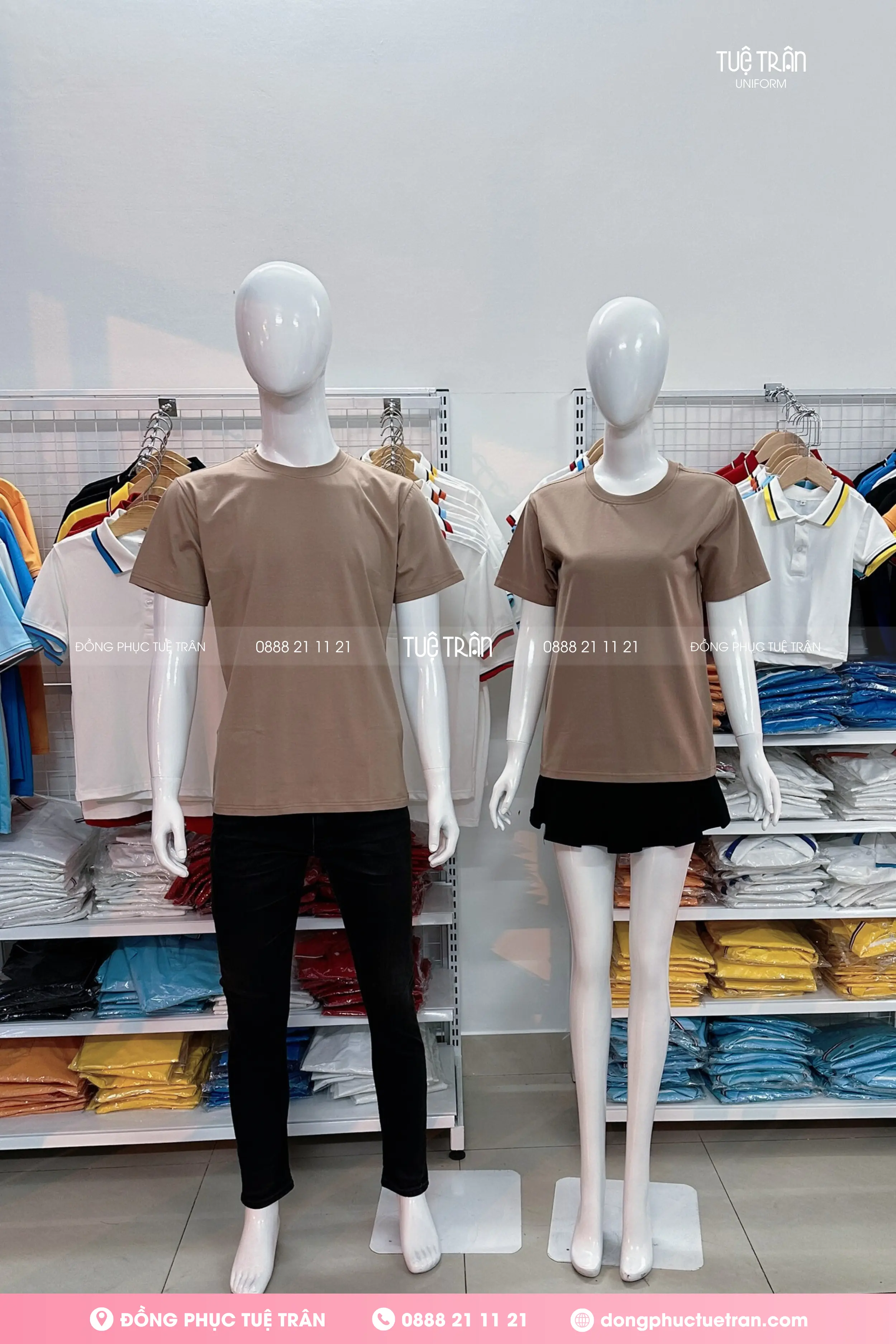 Đồng phục áo thun cổ tròn cotton màu cacao