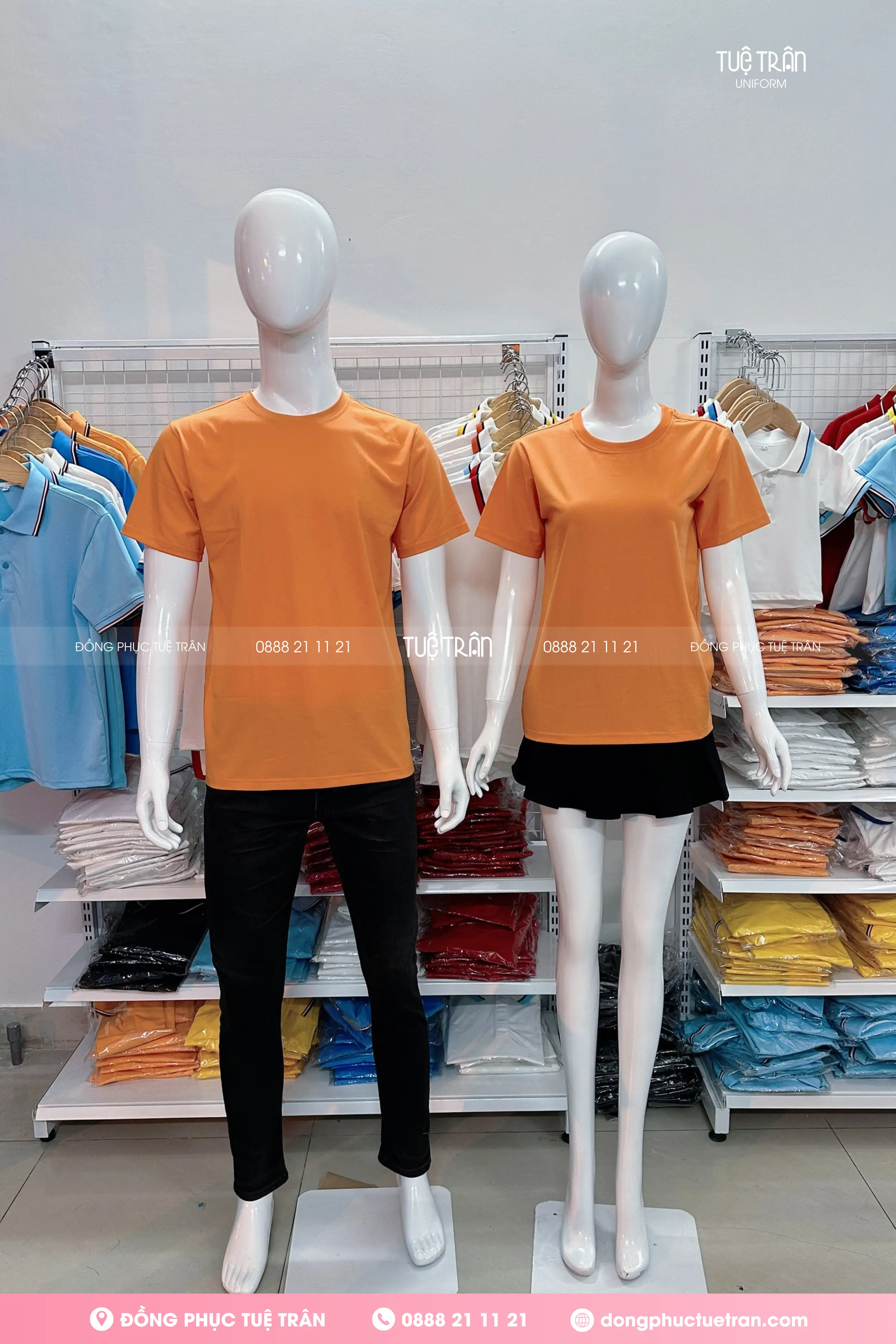 Đồng phục áo thun cổ tròn cotton màu cam