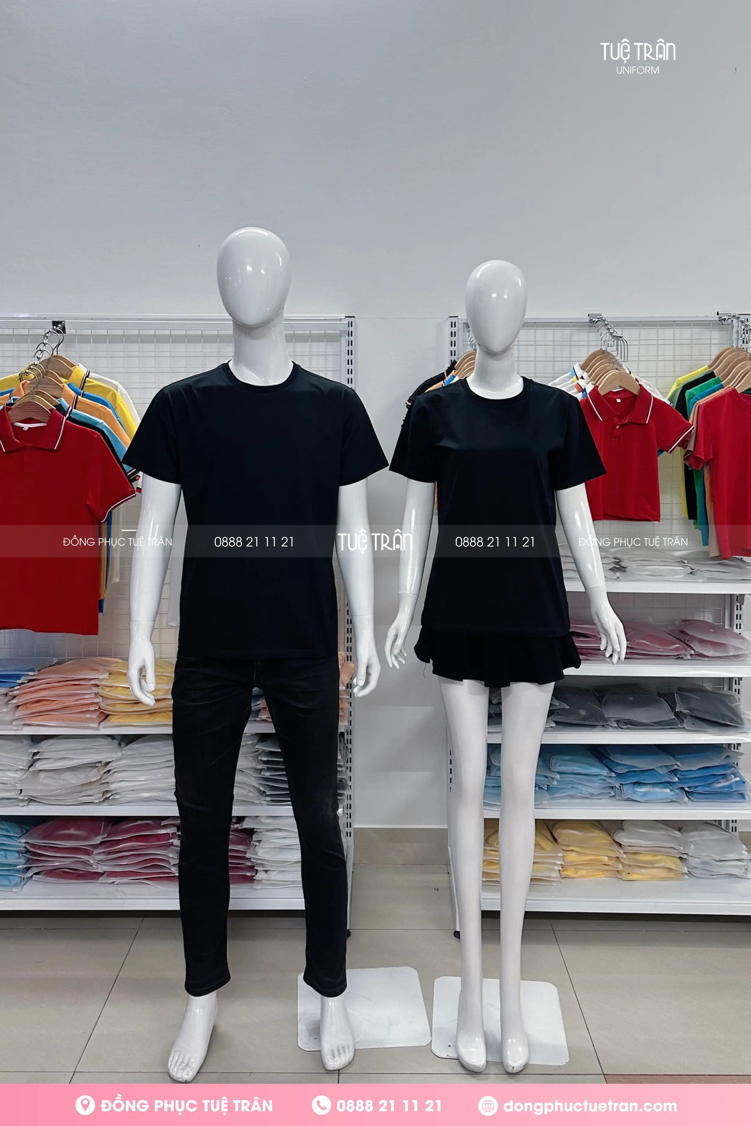 Đồng phục áo thun cổ tròn cotton màu đen