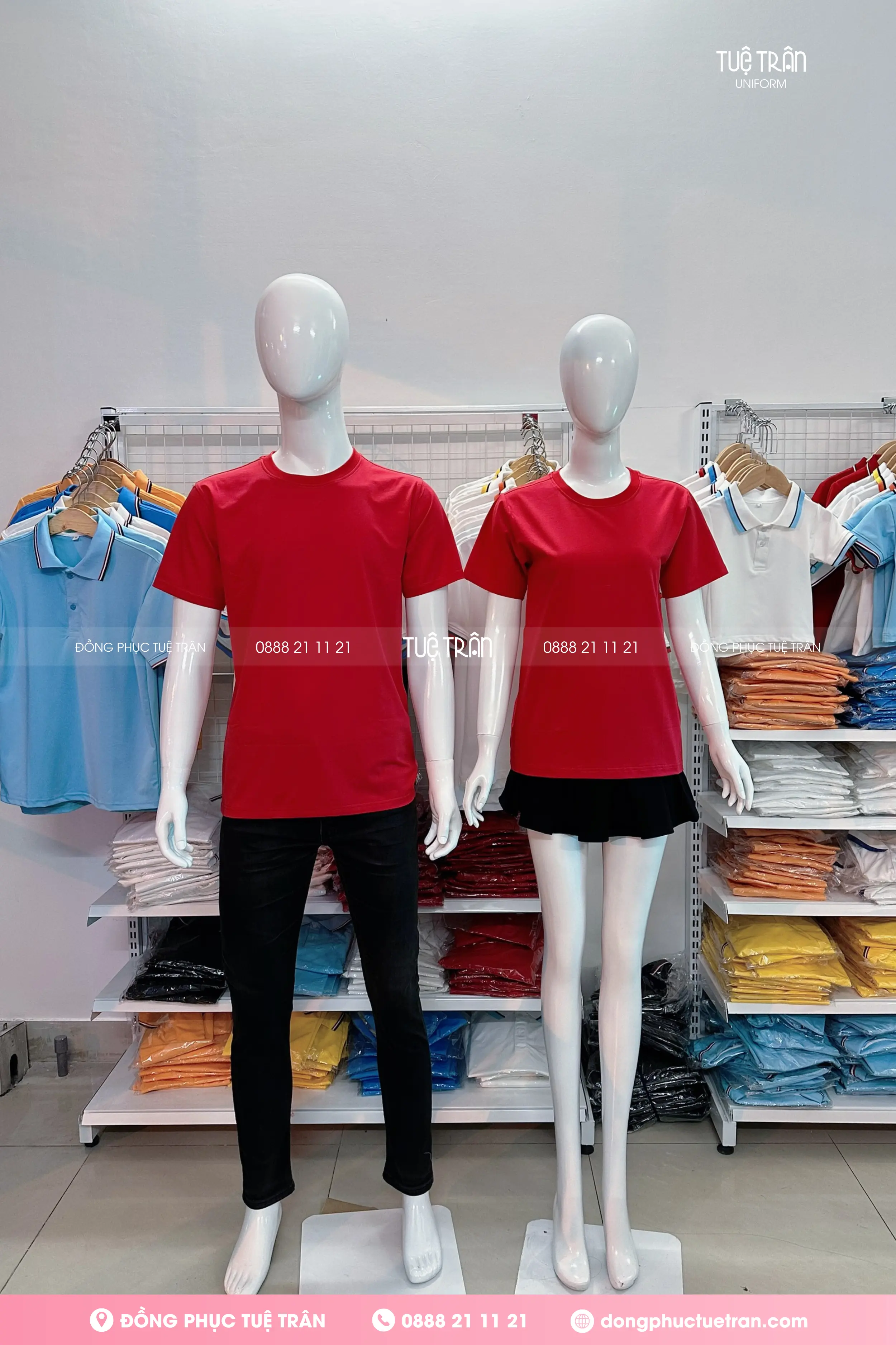 Đồng phục áo thun cổ tròn cotton màu đỏ
