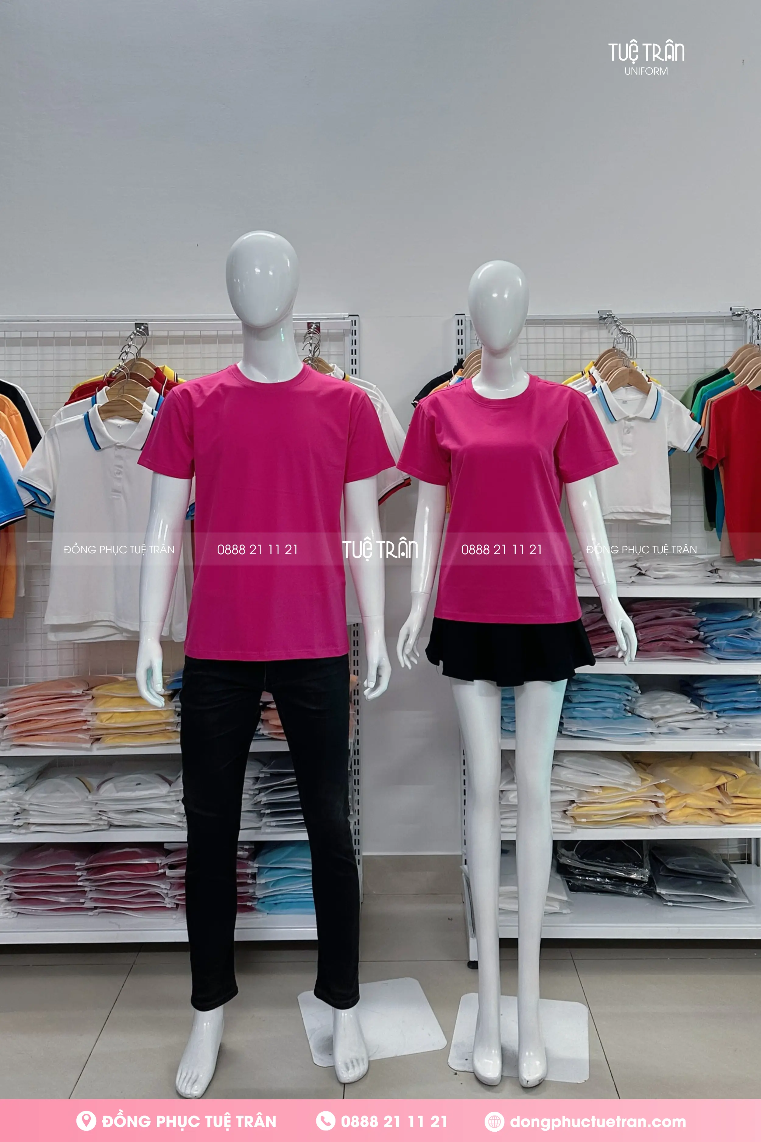Đồng phục áo thun cổ tròn cotton màu hồng sen