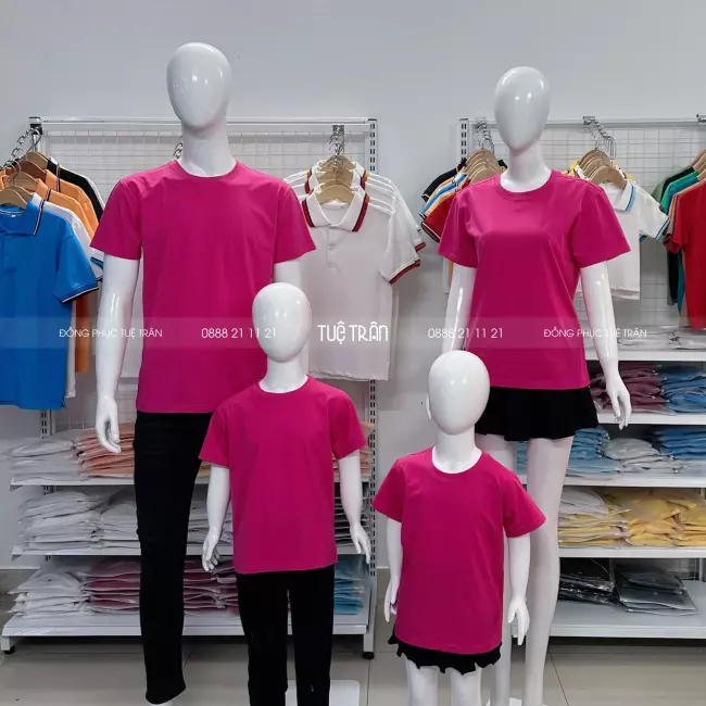 Đồng phục áo thun cổ tròn cotton màu hồng sen