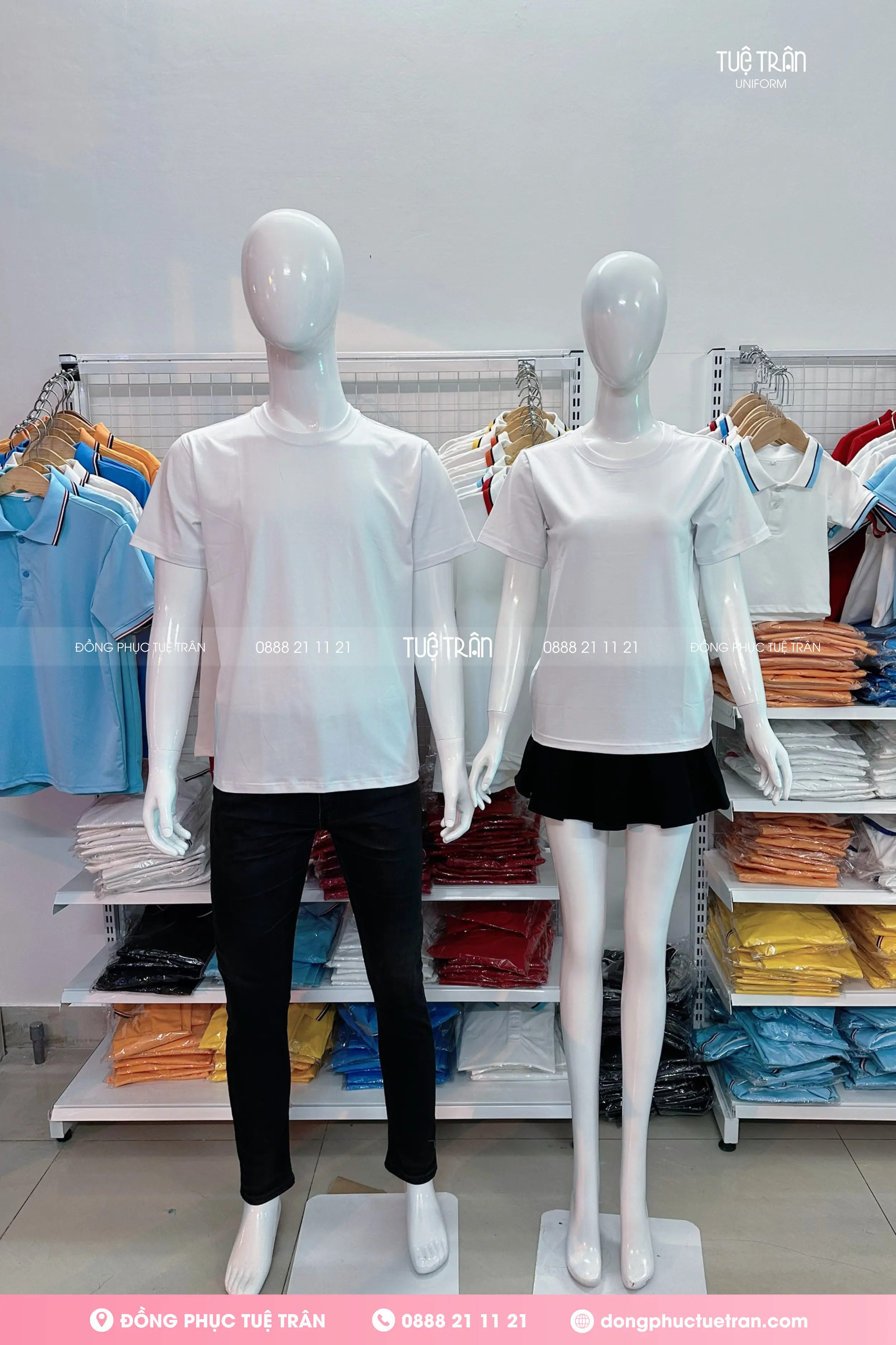 Đồng phục áo thun cổ tròn cotton màu trắng