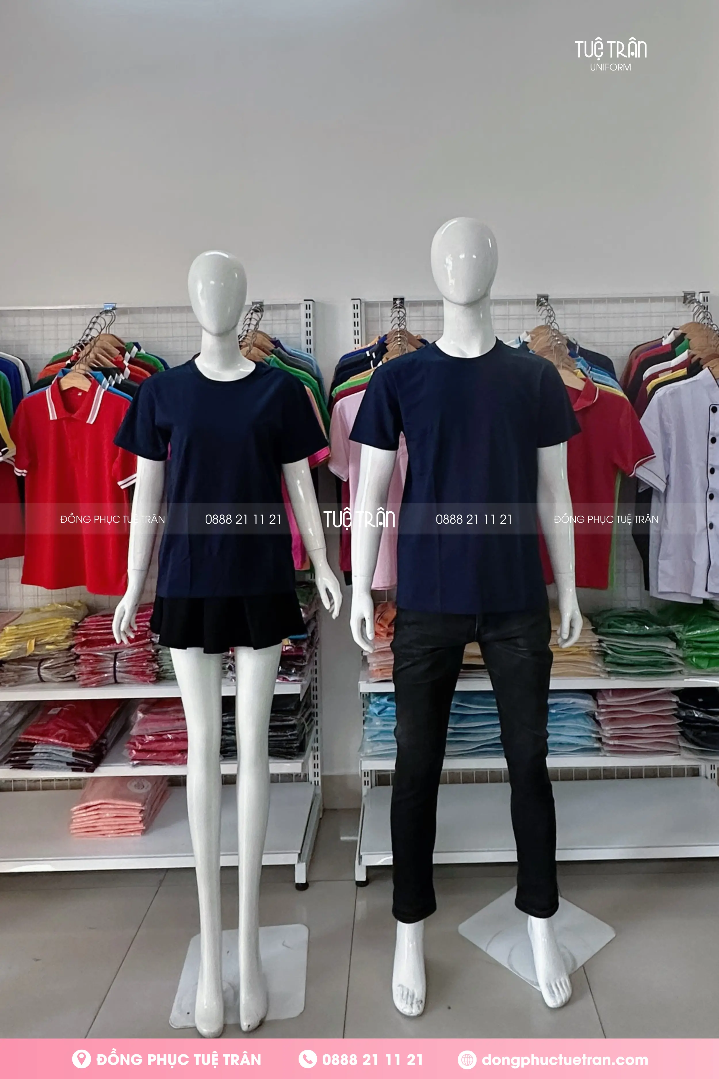 Đồng phục áo thun cổ tròn cotton màu xanh đen