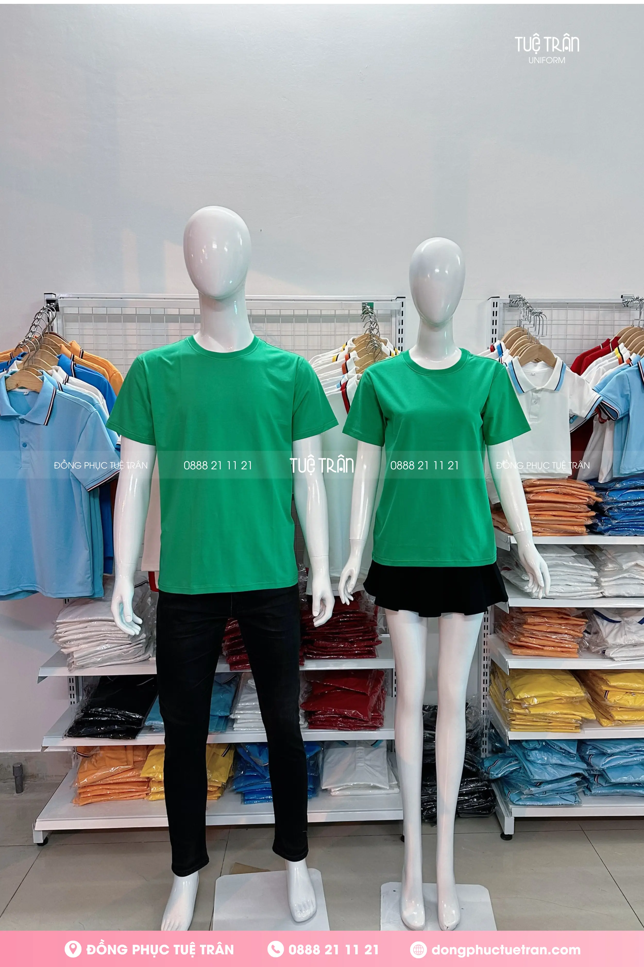 Đồng phục áo thun cổ tròn cotton màu xanh két