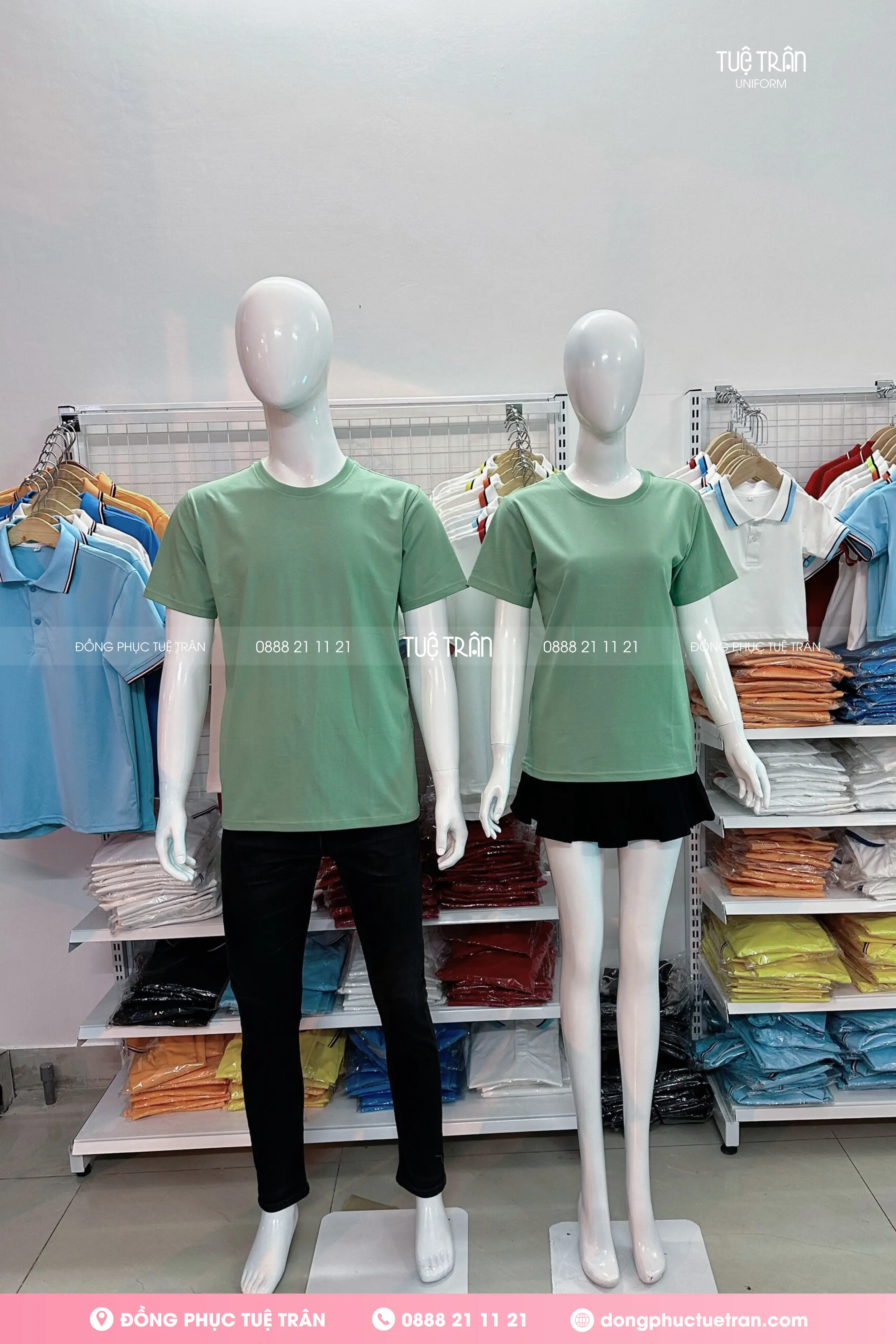 Đồng phục áo thun cổ tròn cotton màu xanh vỏ đậu