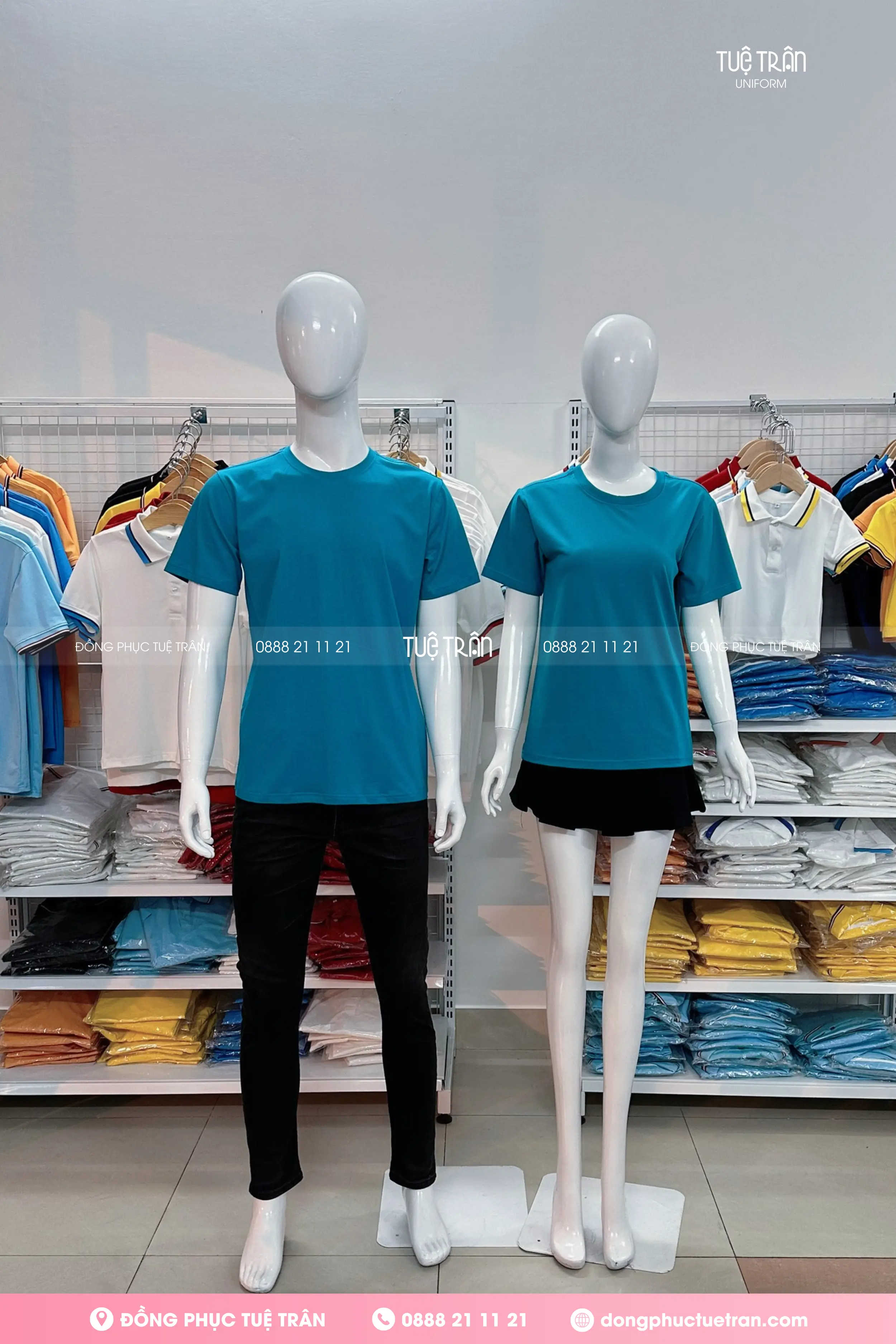 Đồng phục áo thun cổ tròn cotton màu xanh ya