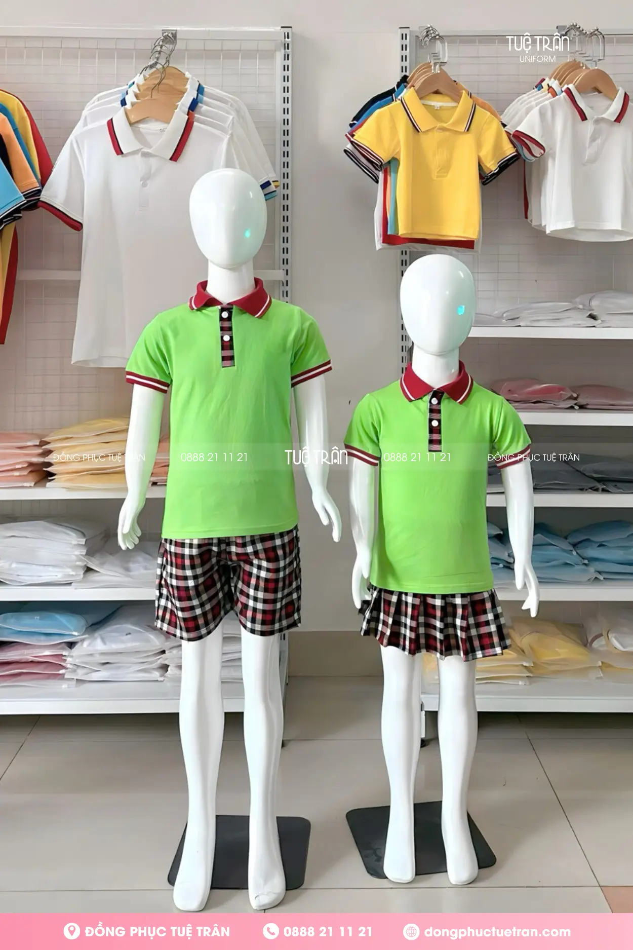Đồng phục mầm non cotton xanh cốm phối caro