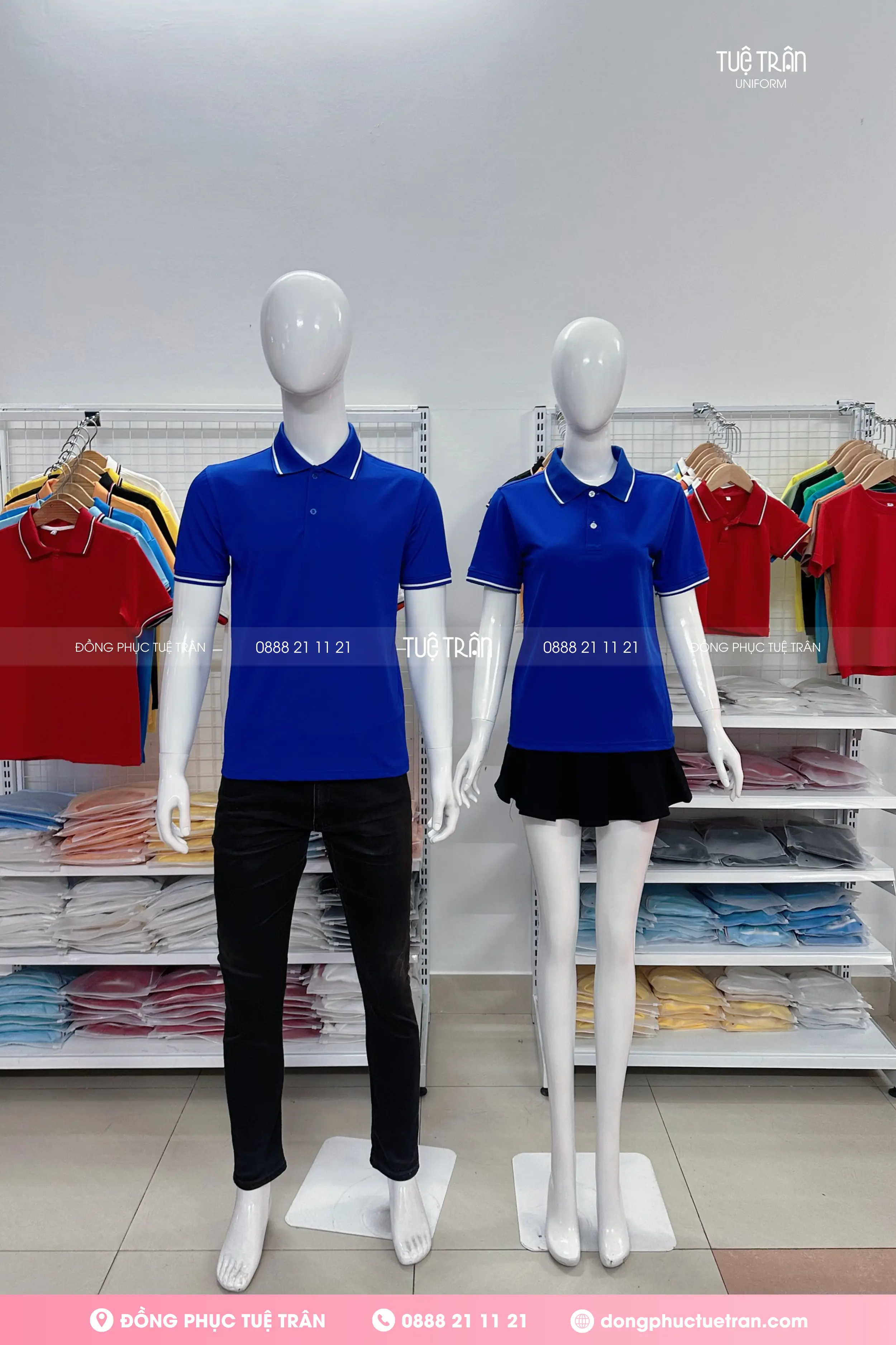 Áo thun cổ trụ đồng phục xanh bích phối bo sọc trắng