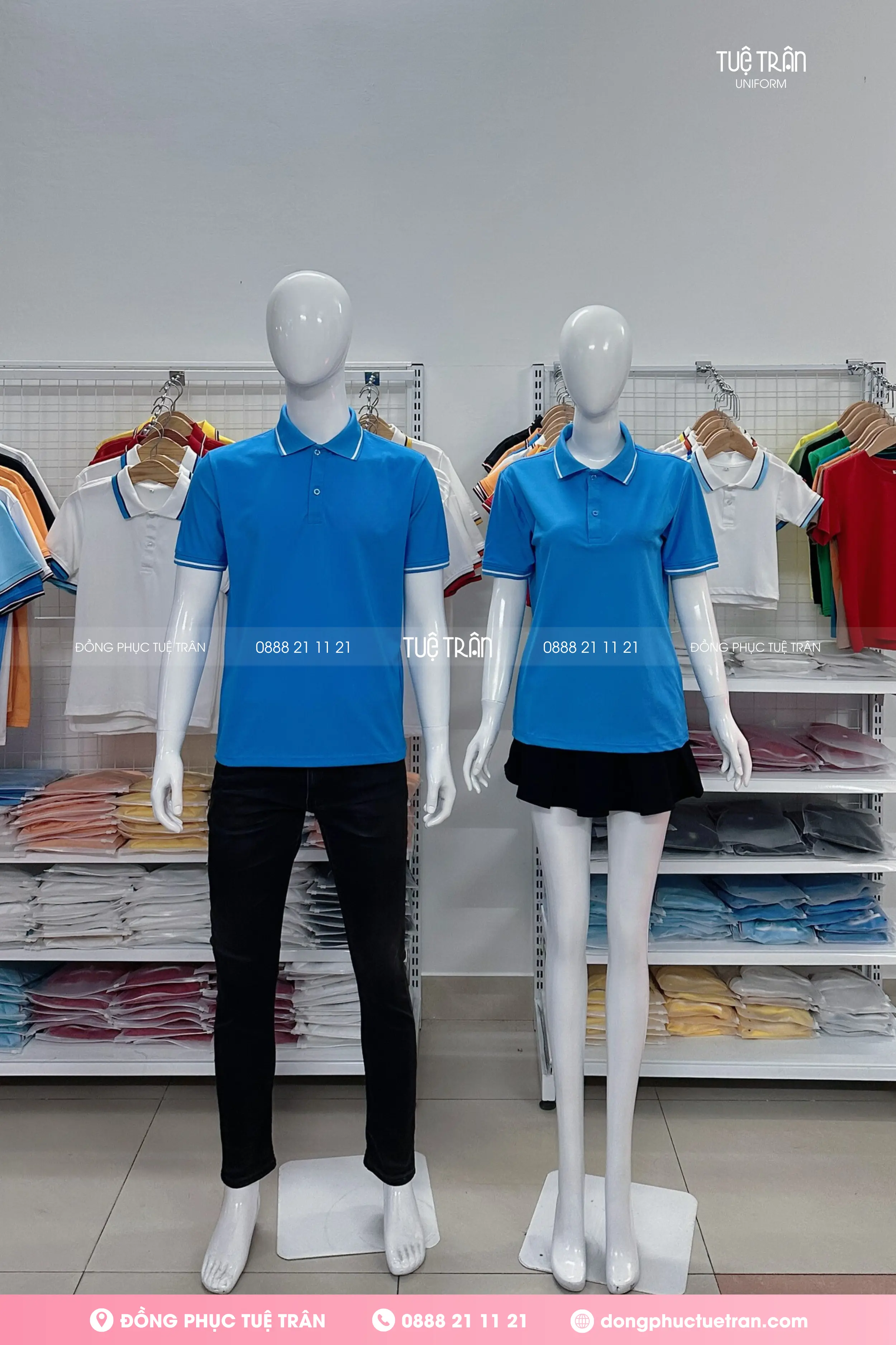 Áo thun cổ trụ đồng phục xanh ya phối bo sọc trắng