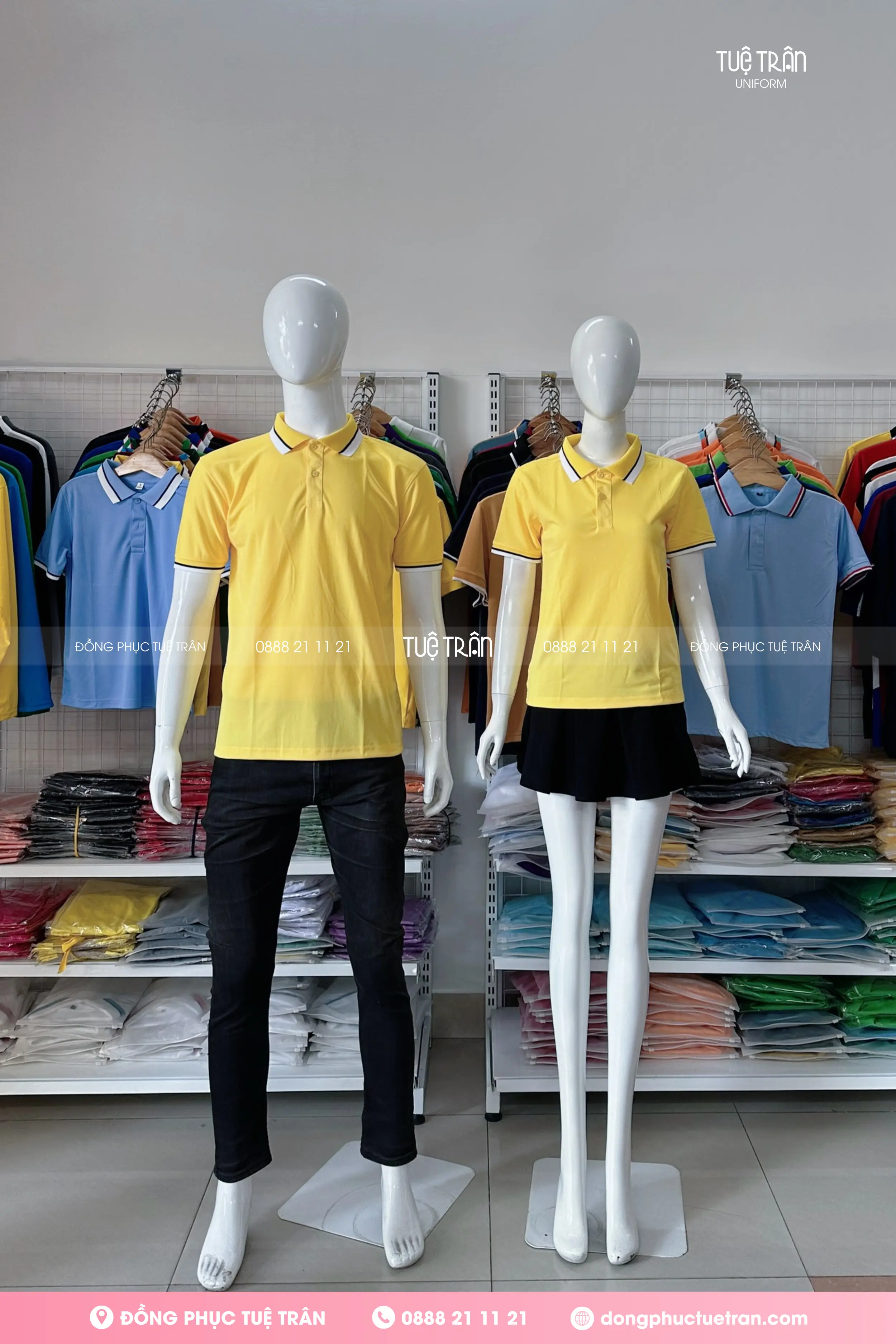 Áo thun mè polo đồng phục vàng phối bo 2 sọc