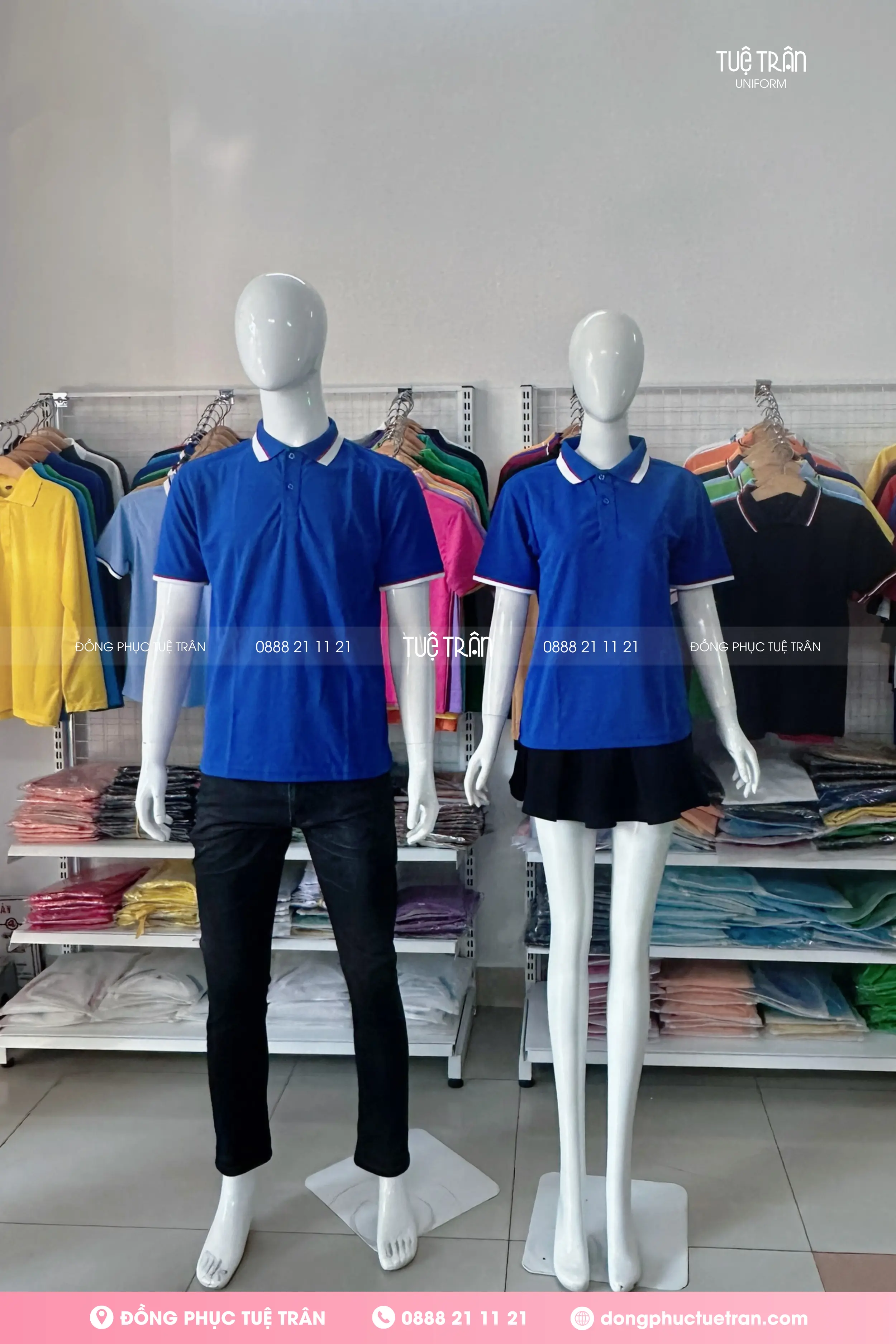 Áo thun mè polo đồng phục xanh coban phối bo 2 sọc