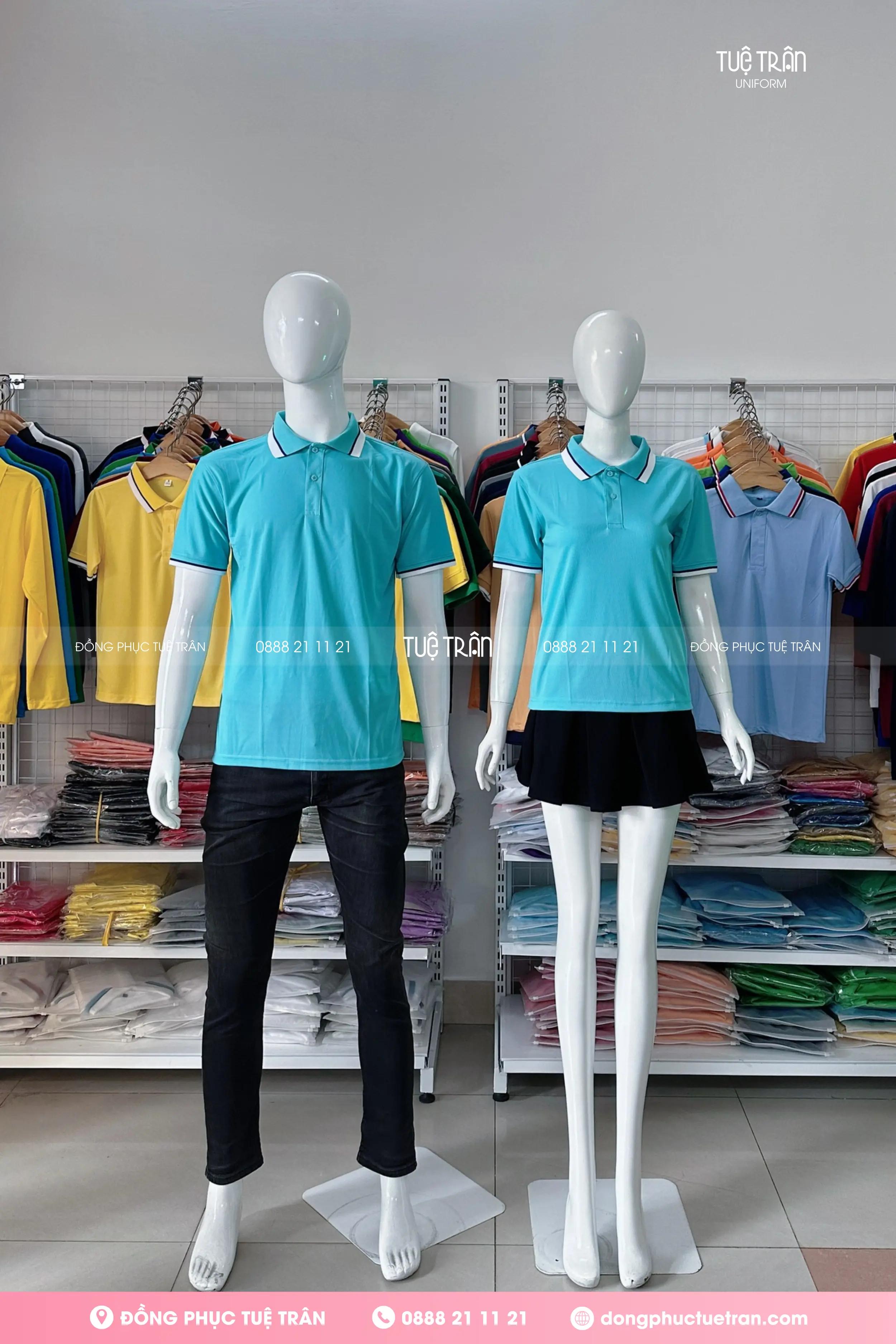 Áo thun mè polo đồng phục xanh ngọc phối bo 2 sọc