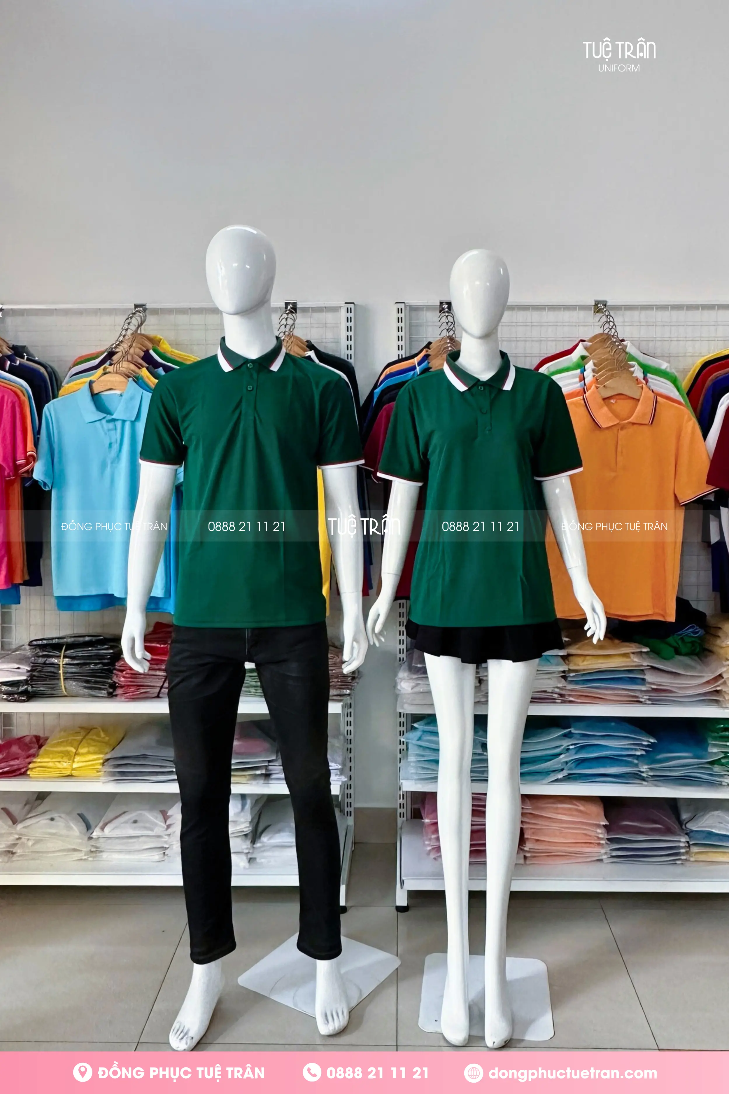 Áo thun mè polo đồng phục xanh ve chai phối bo 2 sọc