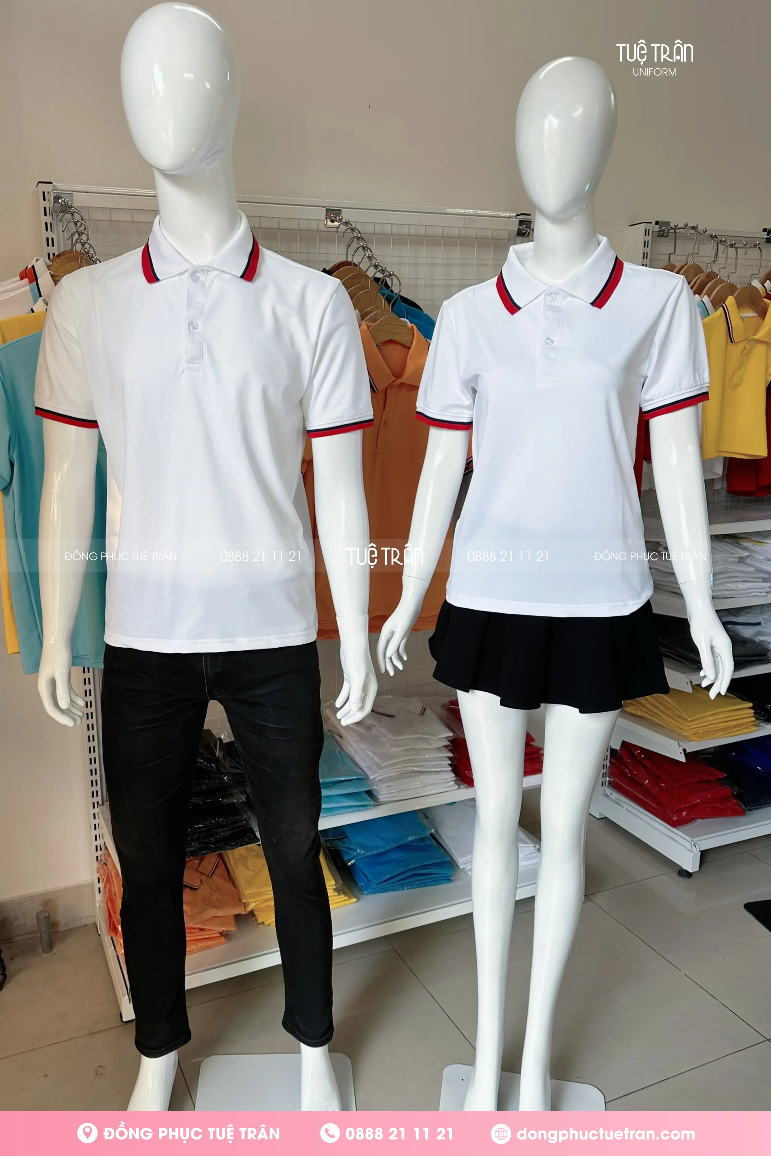 Áo thun polo đồng phục trắng phối bo 2 sọc đen đỏ