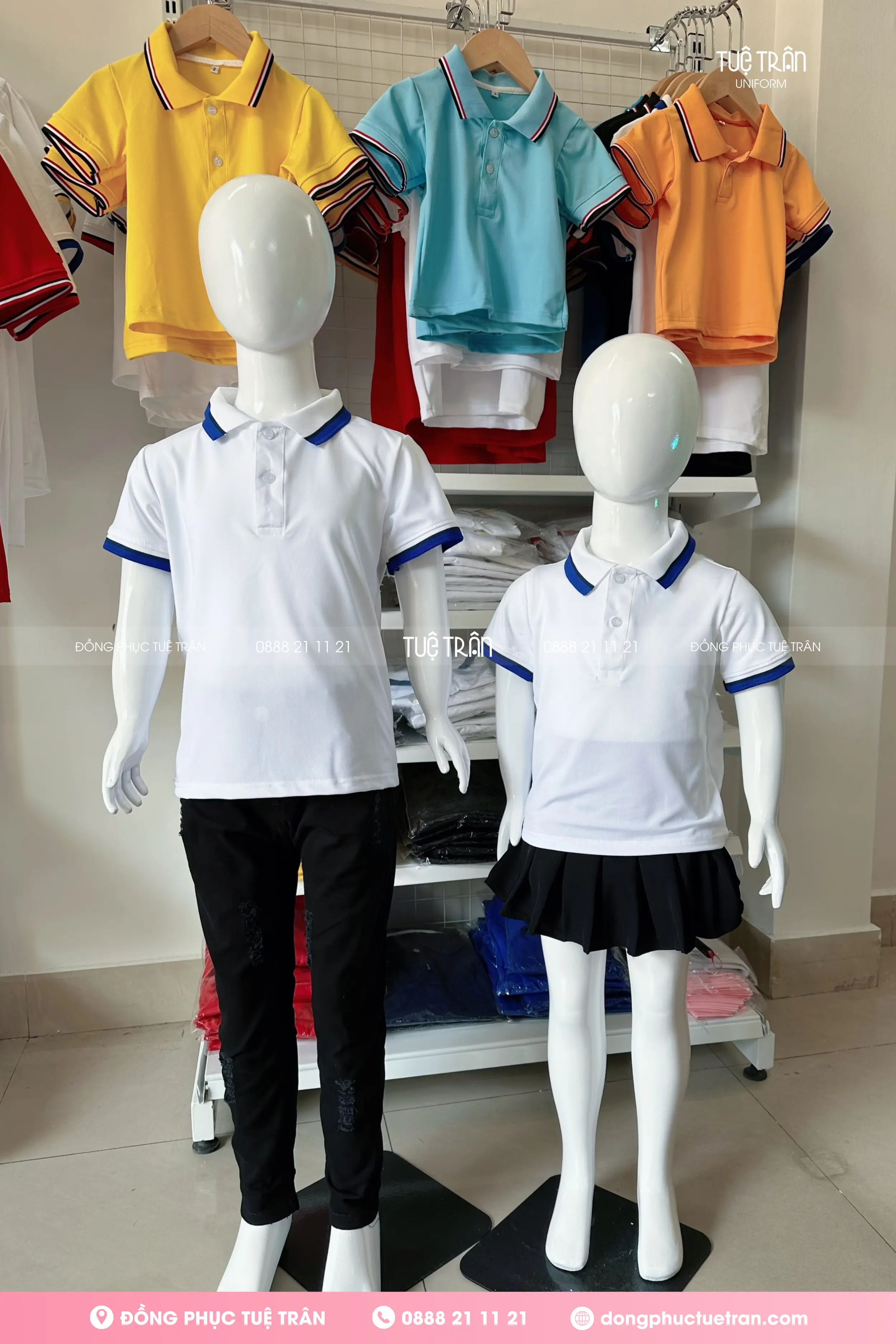 Áo thun polo đồng phục trẻ em trắng phối bo 2 sọc