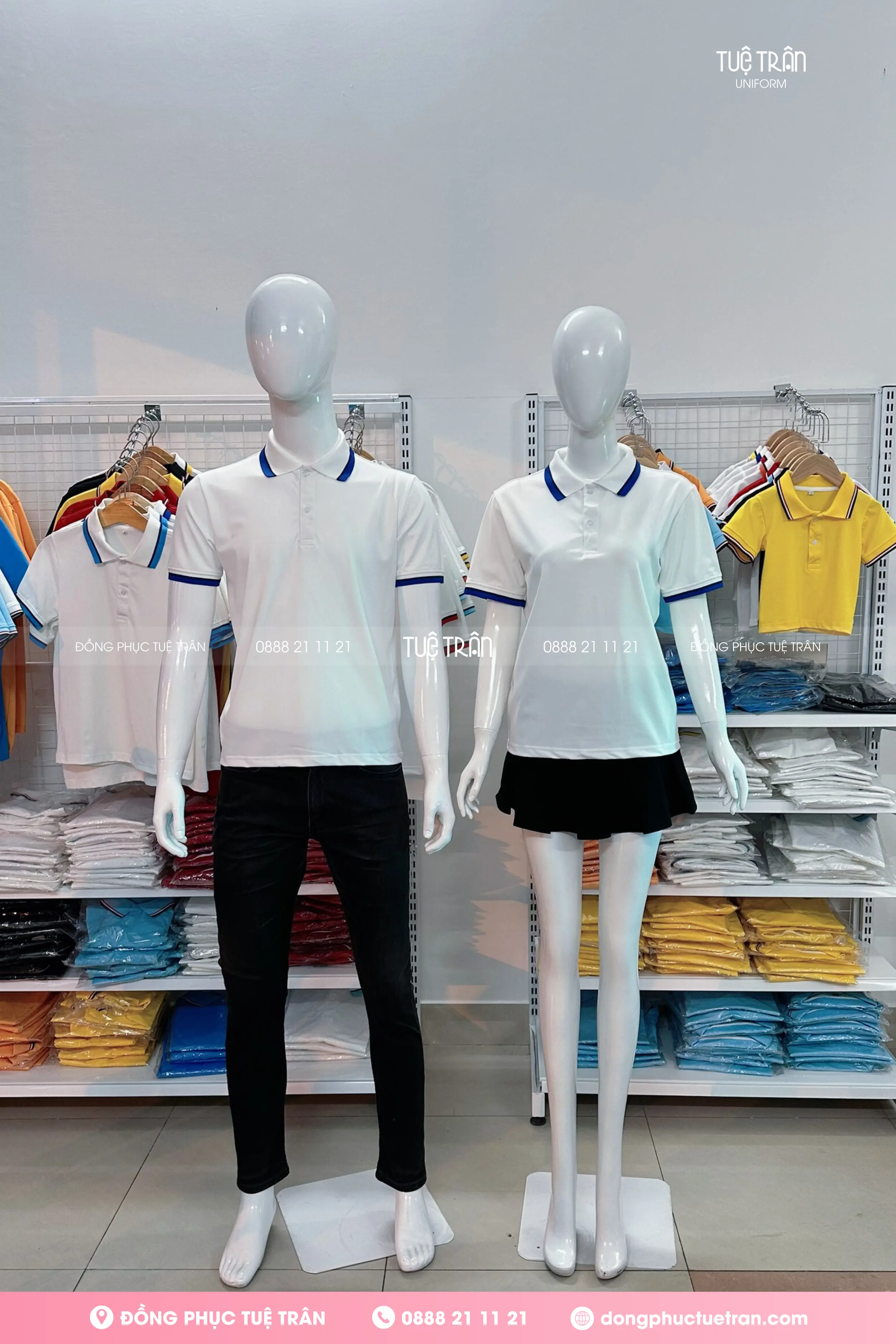 Áo thun polo đồng phục trắng phối bo 2 sọc đen xanh coban