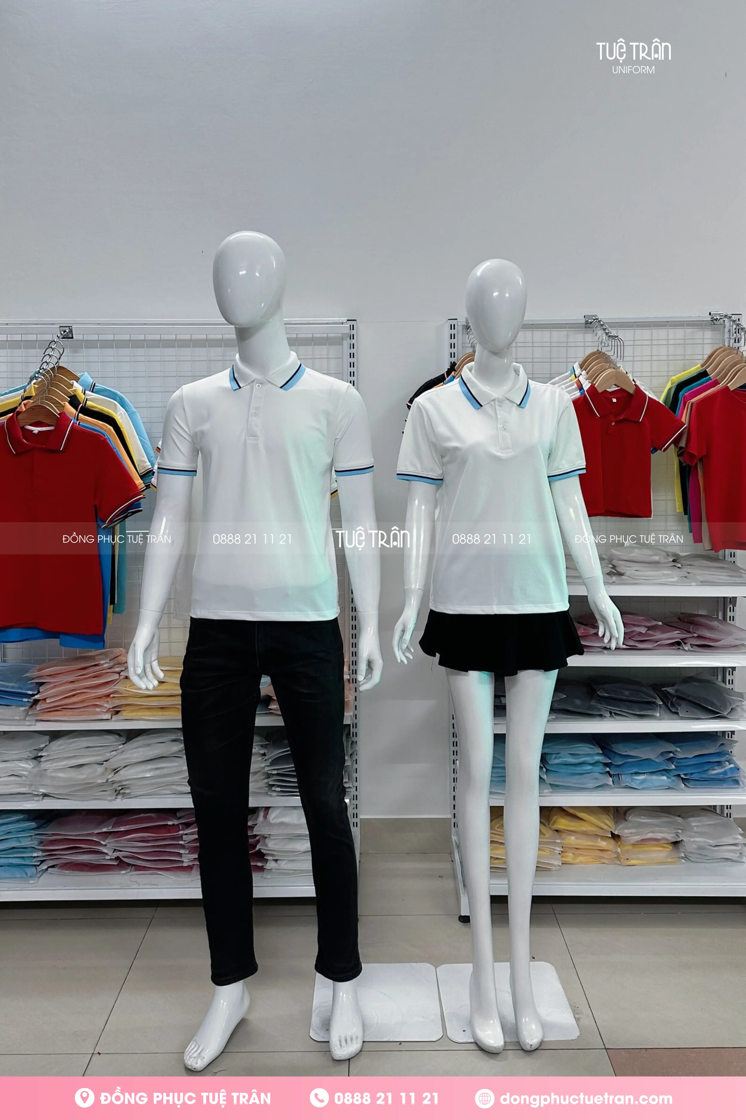 Áo thun polo đồng phục trắng phối bo 2 sọc đen xanh ngọc