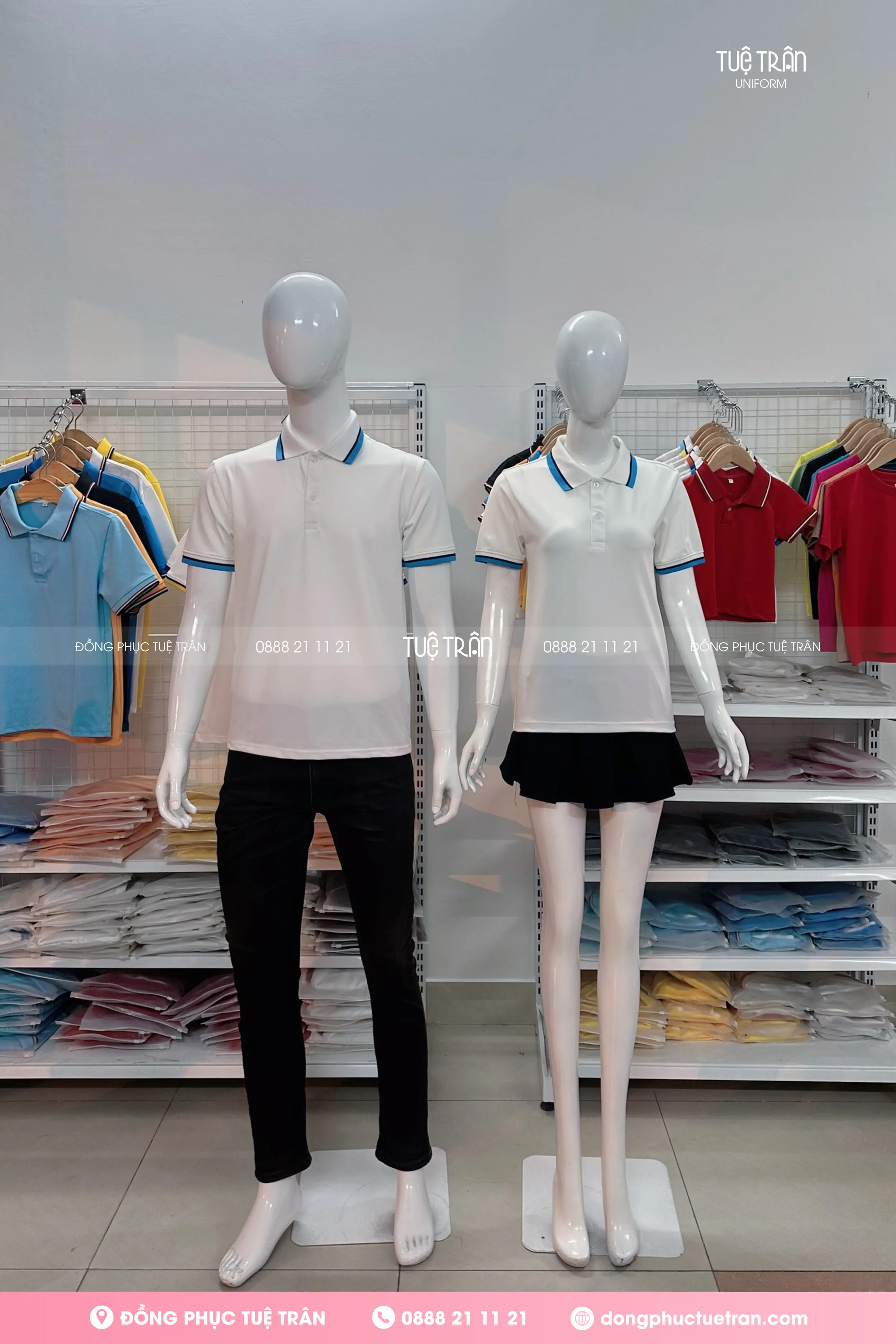 Áo thun polo đồng phục trắng phối bo 2 sọc đen xanh ya