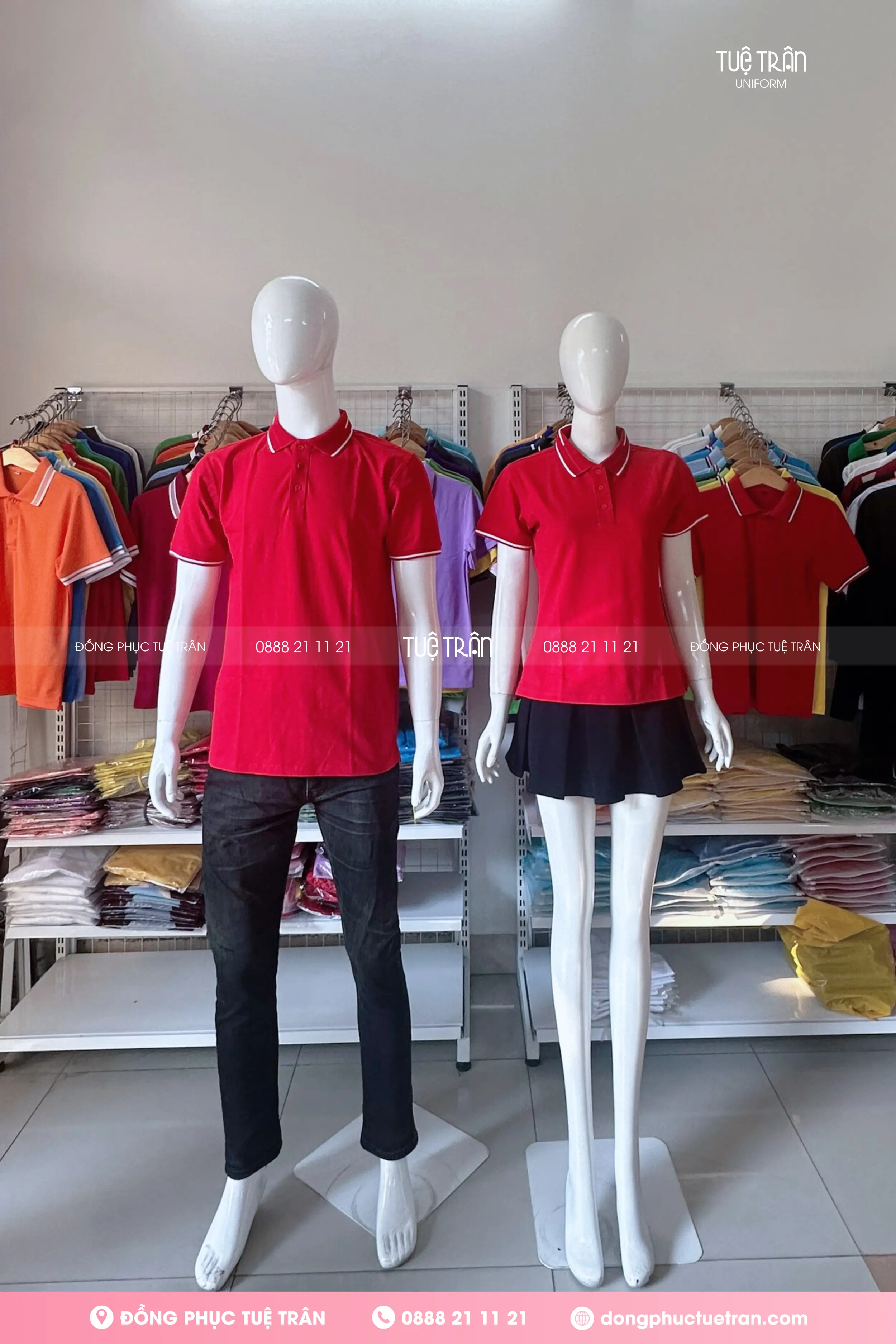 Áo thun polo đồng phục cao cấp đỏ phối bo 2 sọc trắng