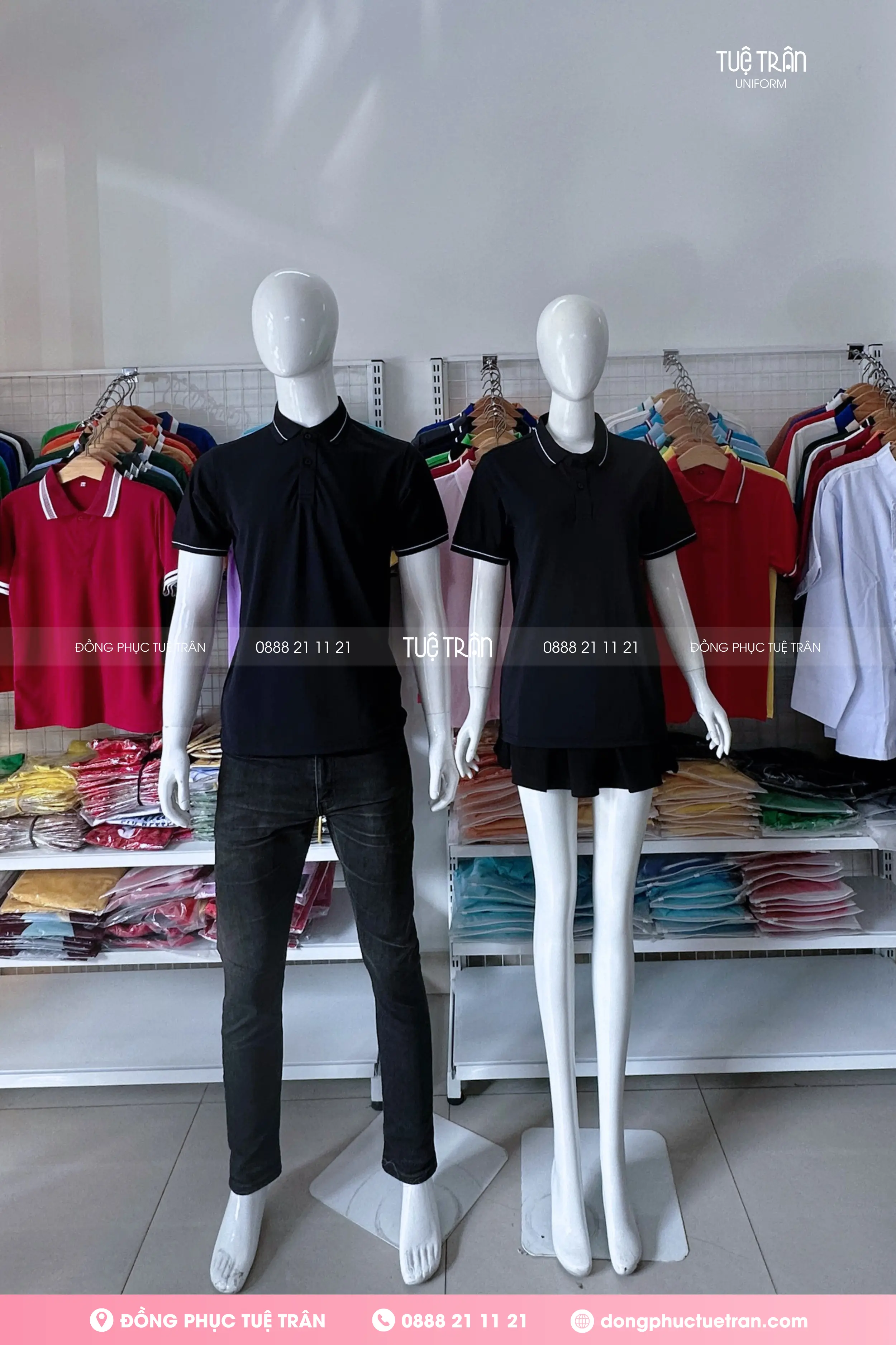Áo thun cổ trụ đồng phục đen sọc trắng nhỏ