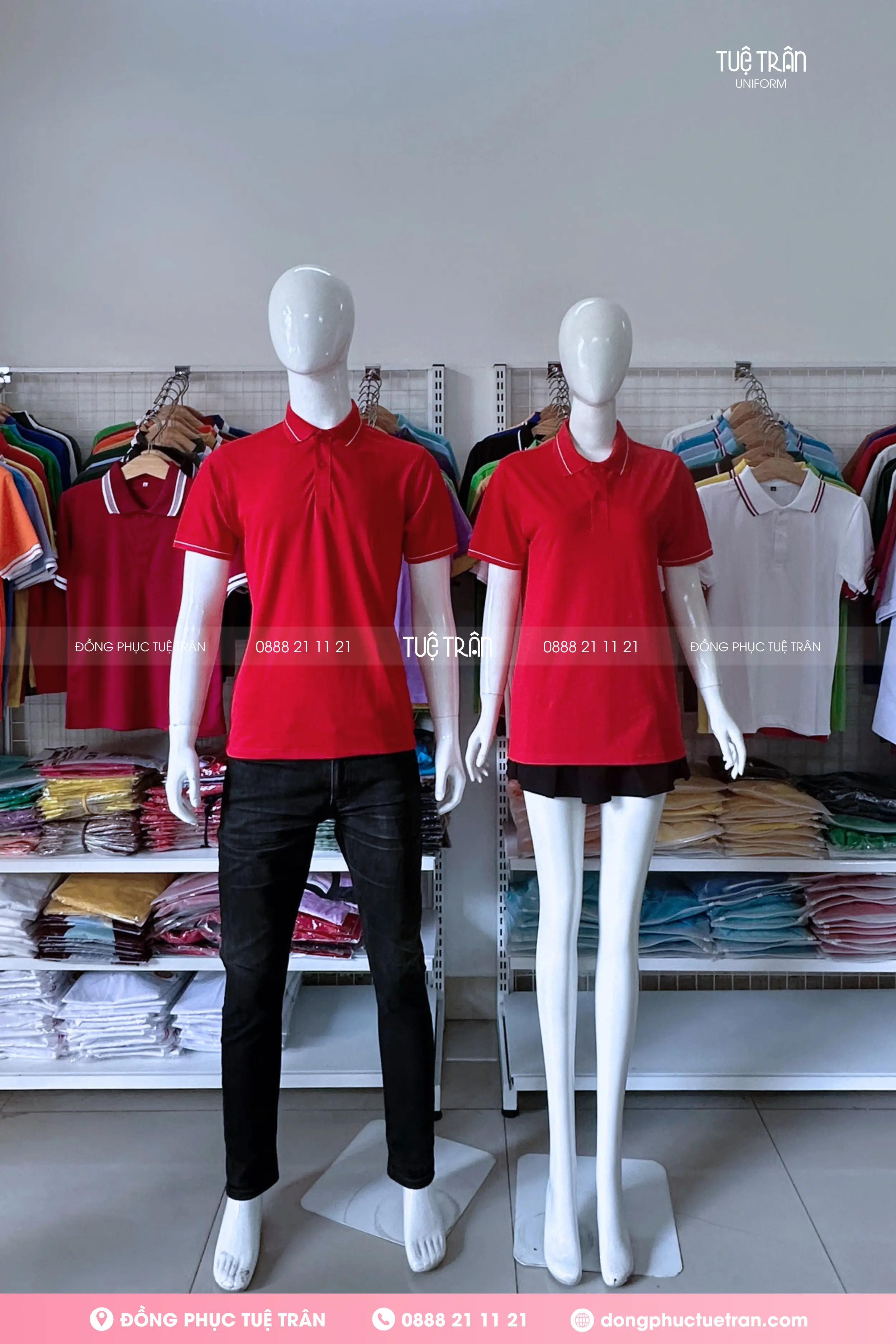 Áo thun cổ trụ đồng phục đỏ sọc trắng nhỏ