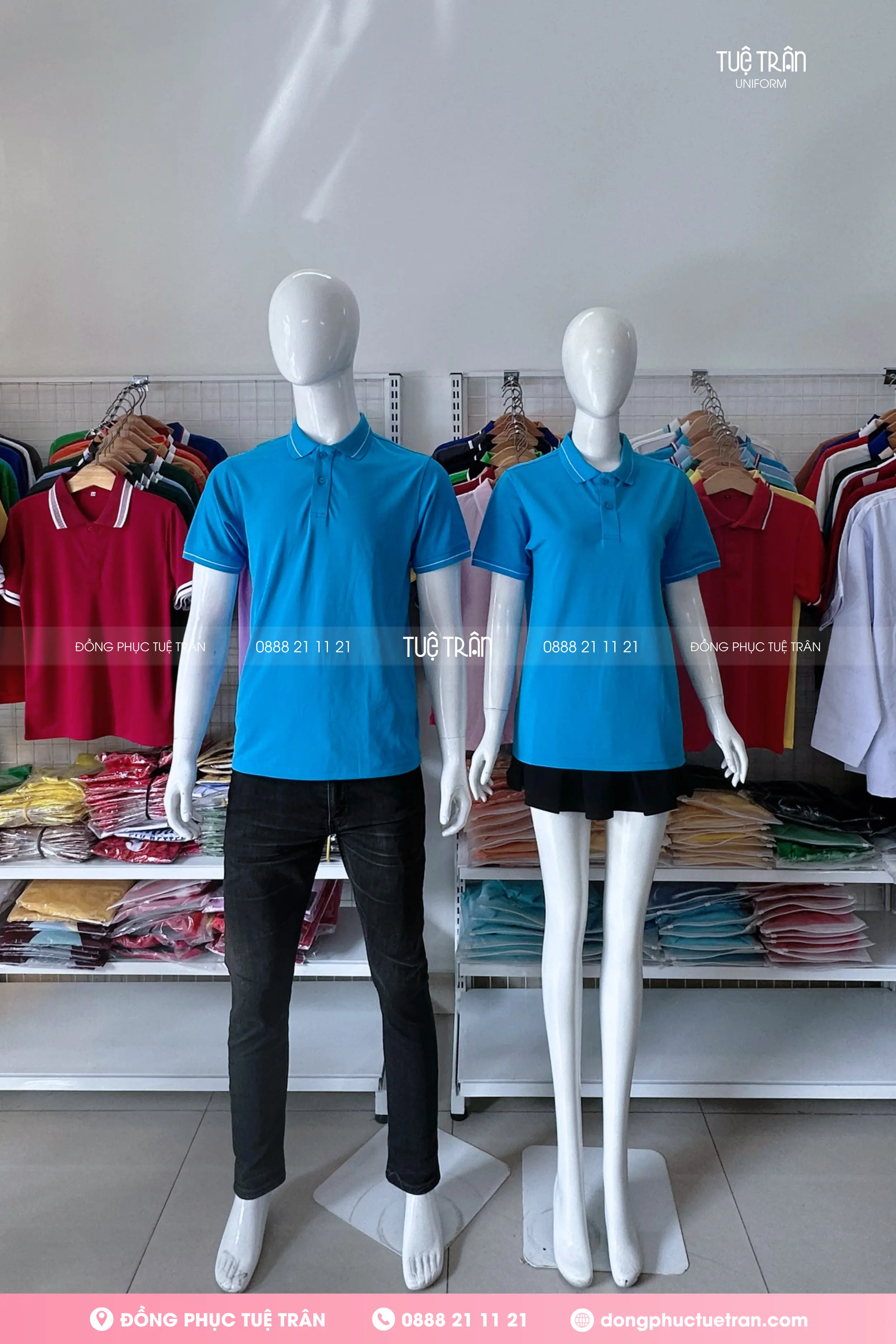 Áo thun cổ trụ đồng phục xanh ya sọc trắng nhỏ