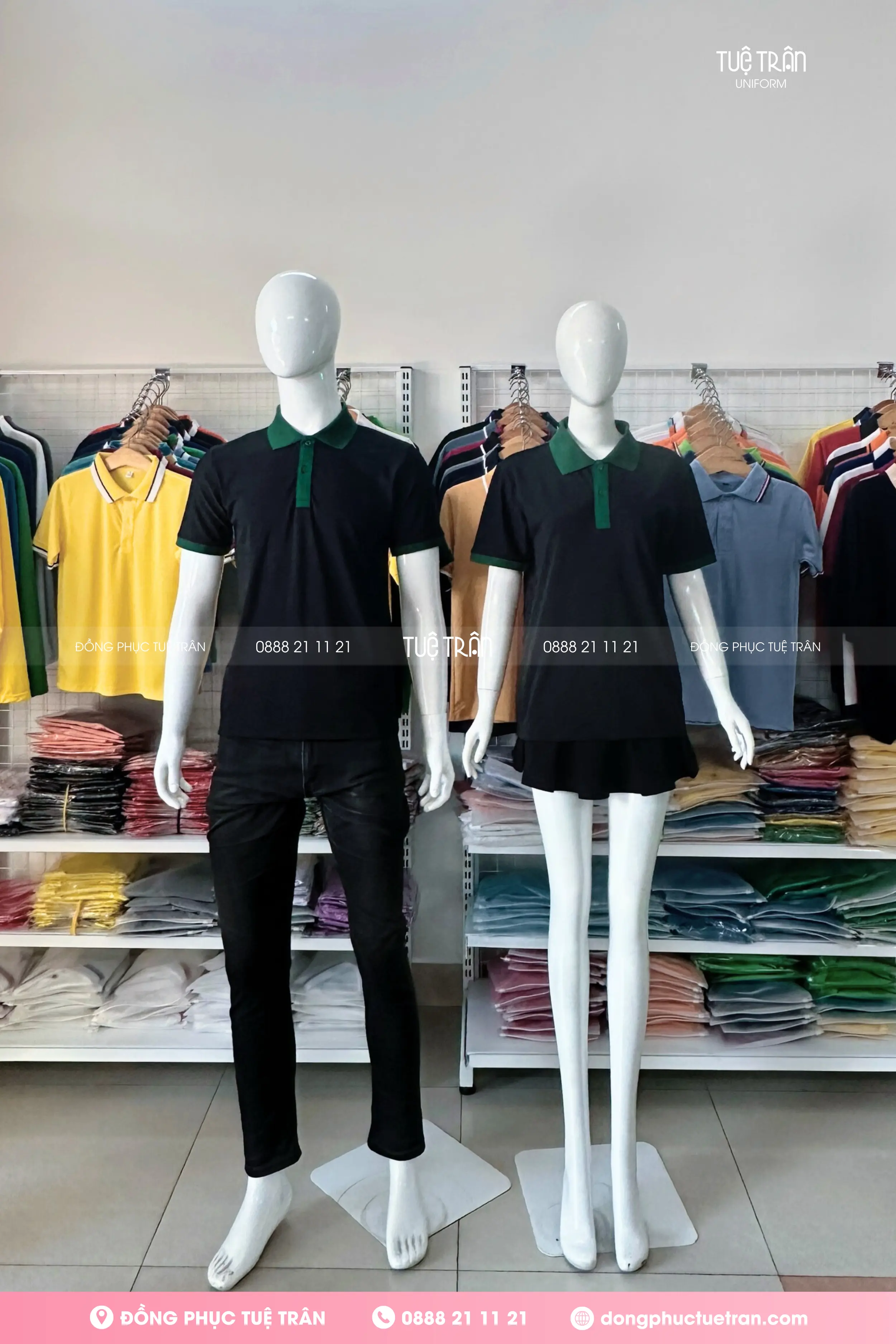 Áo thun đồng phục đen phối cổ xanh ve chai