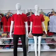 Áo thun đồng phục đỏ phối cổ trắng bo sọc