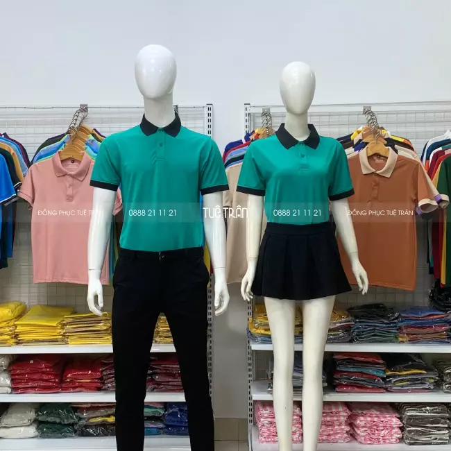 Áo thun đồng phục xanh vịt phối cổ đen