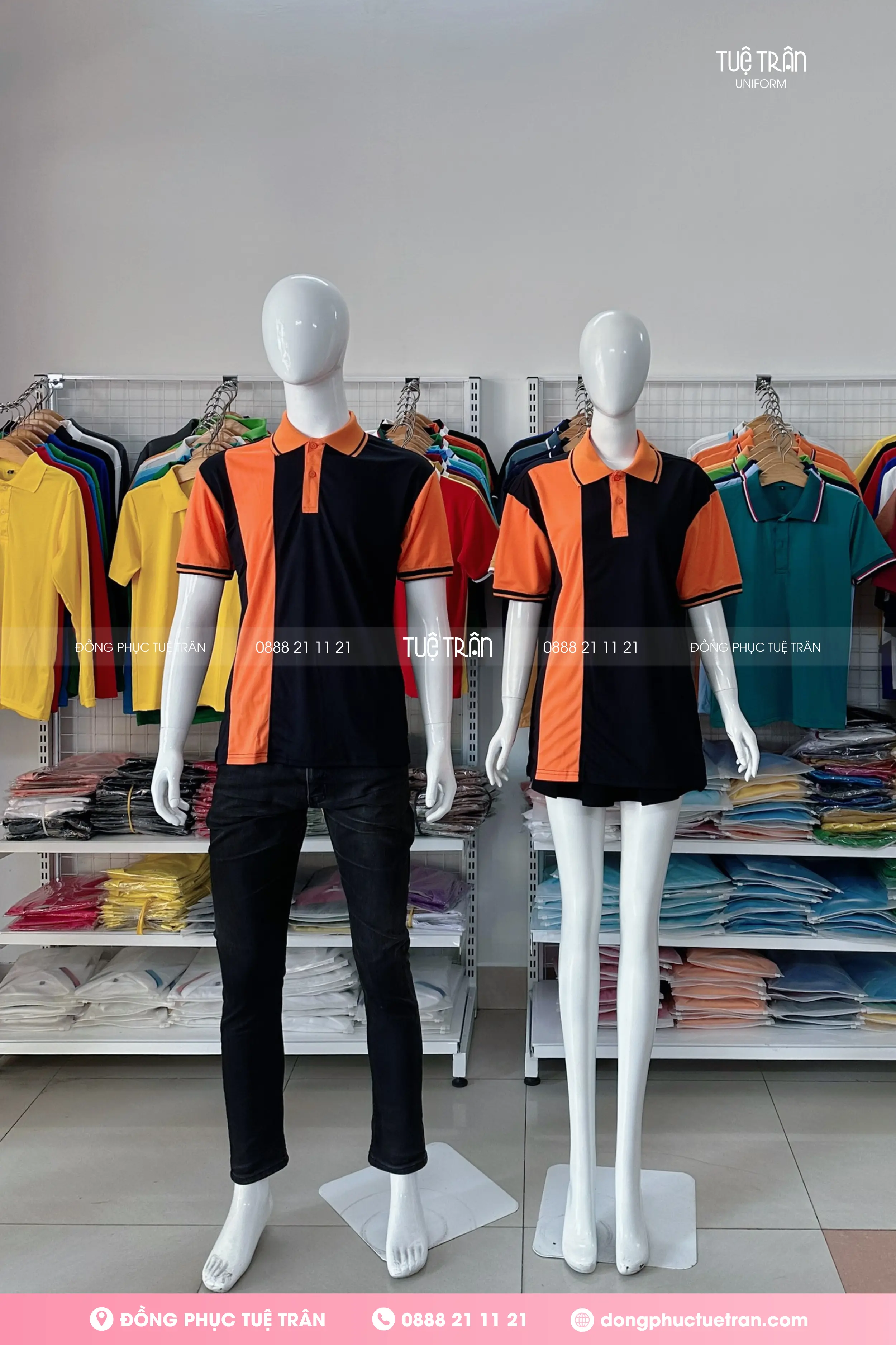 Áo thun polo đồng phục đen phối cam