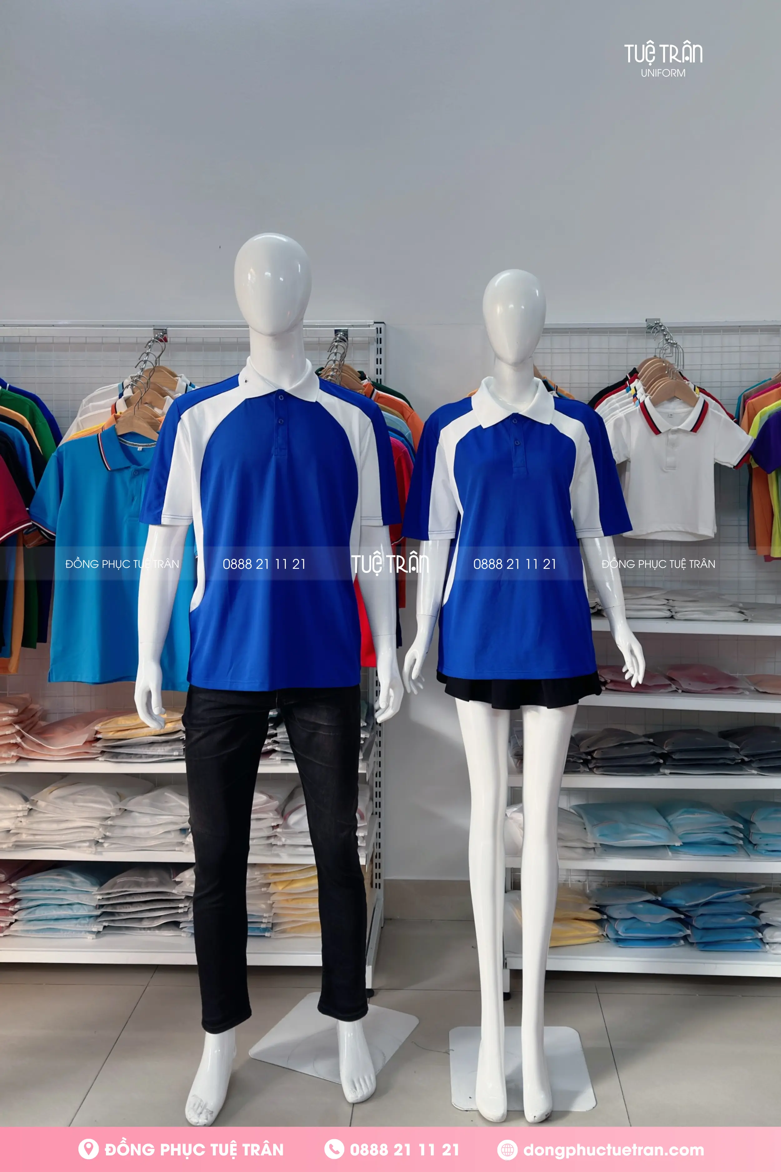 Áo thun polo đồng phục xanh coban phối trắng