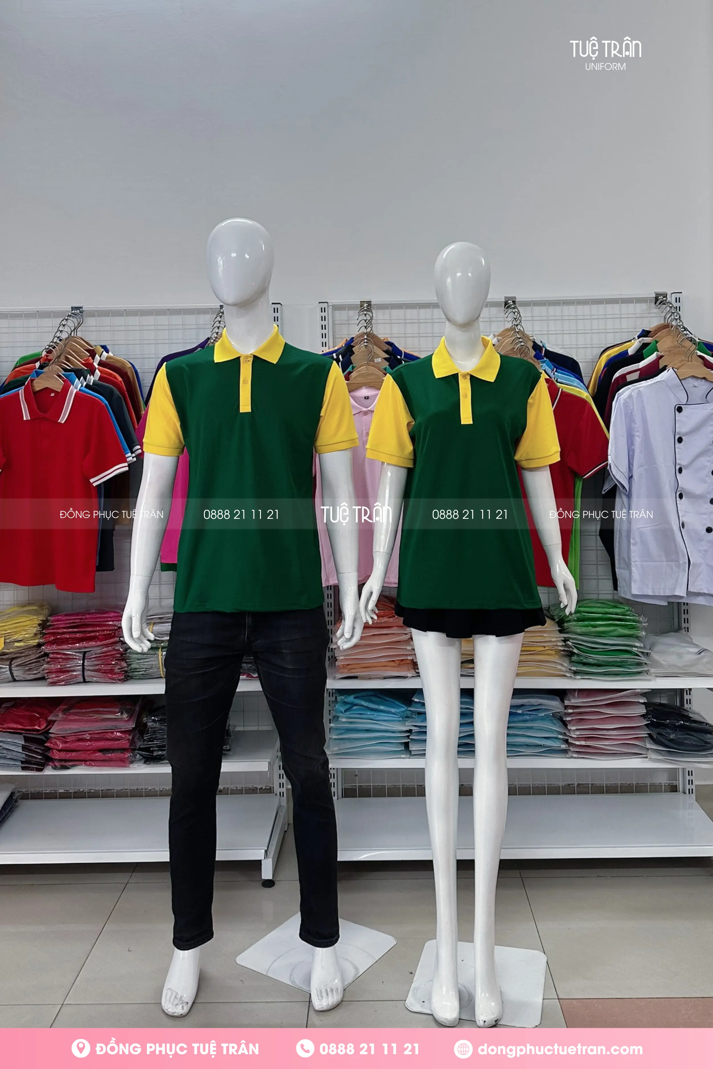 Áo thun polo đồng phục xanh ve chai phối vàng