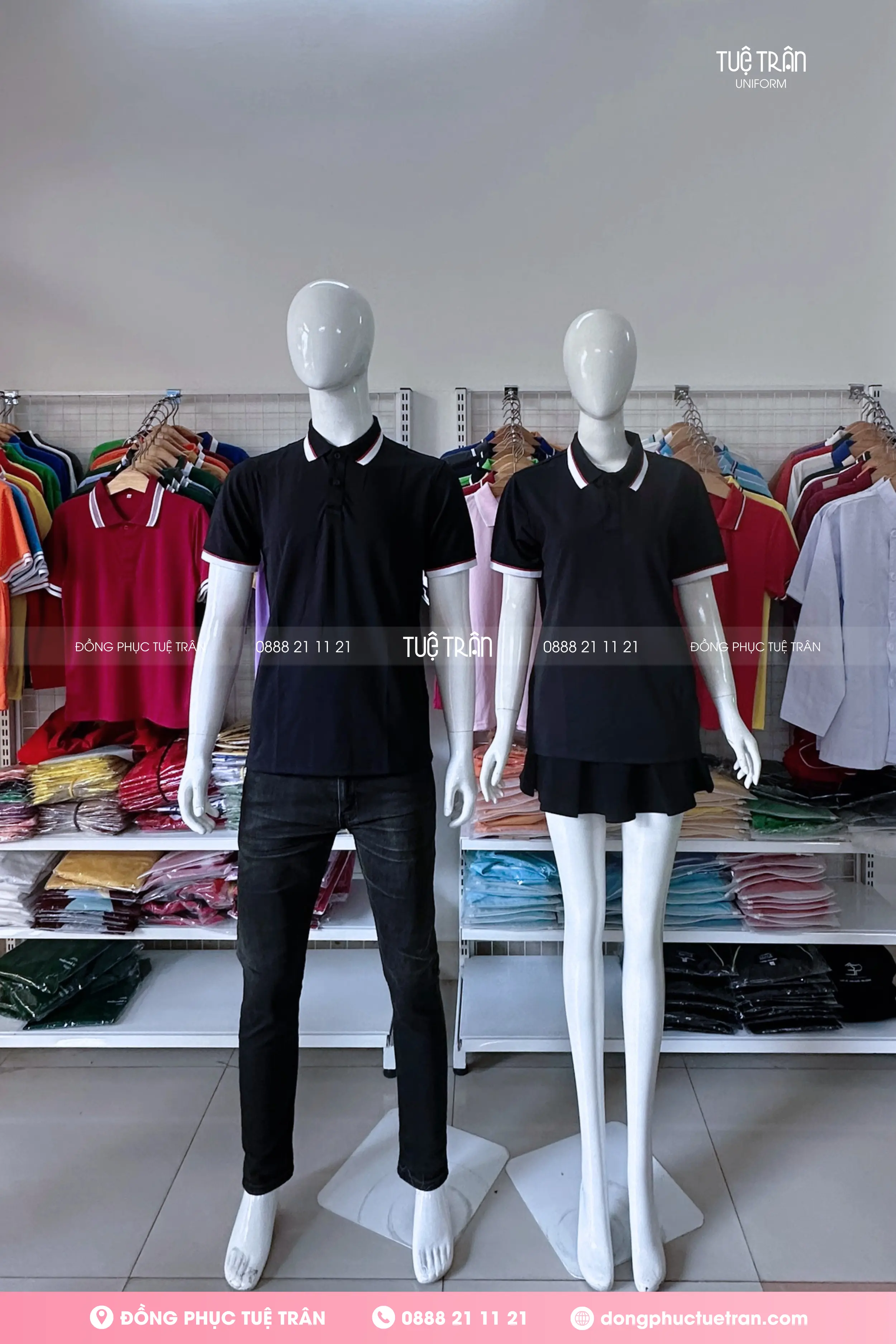 Áo thun polo đồng phục đen phối bo sọc đỏ trắng