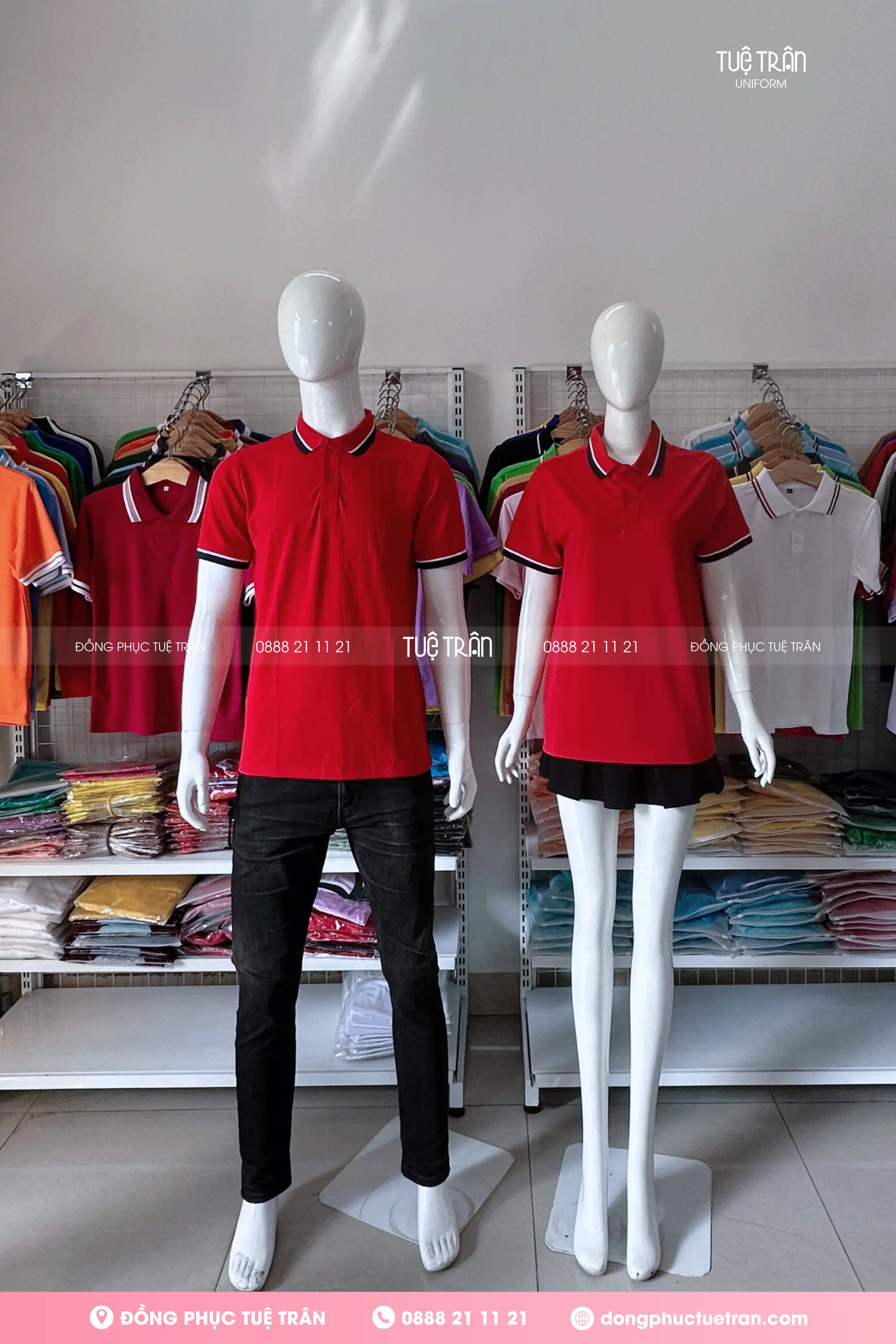 Áo thun polo đồng phục đỏ phối bo sọc trắng xanh đen