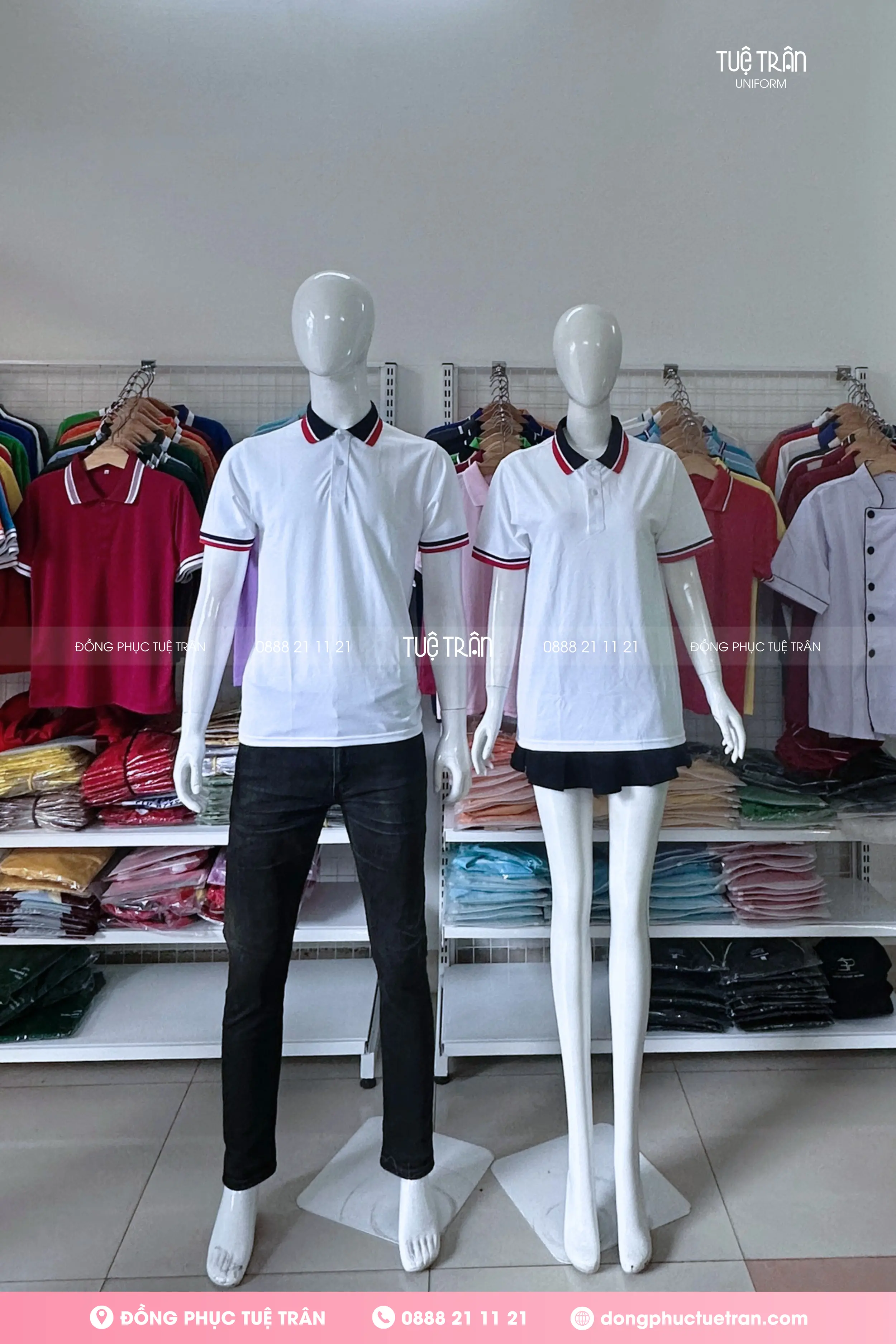 Áo thun polo đồng phục trắng phối bo sọc xanh đen đỏ