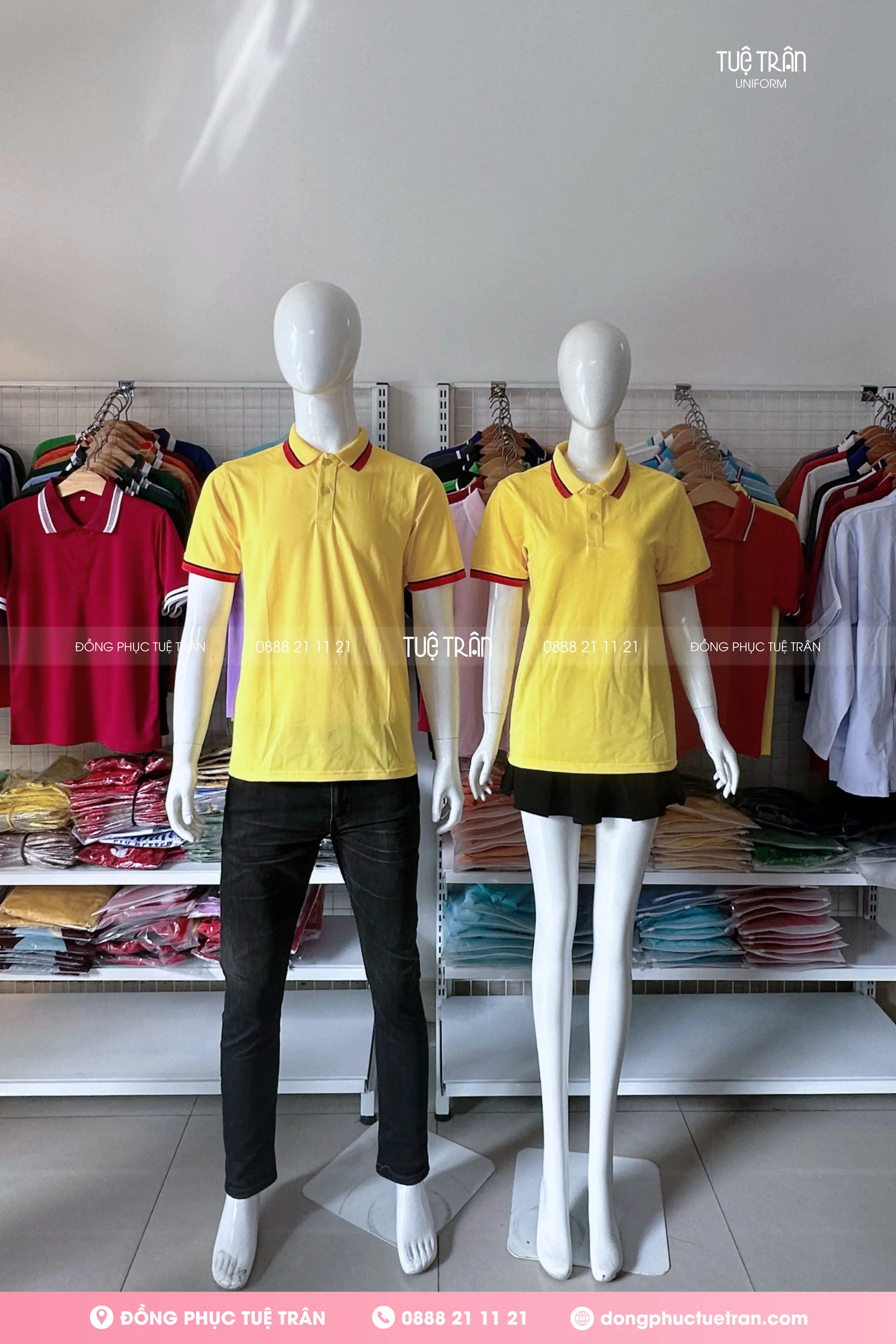 Áo thun polo đồng phục vàng phối bo sọc đen đỏ