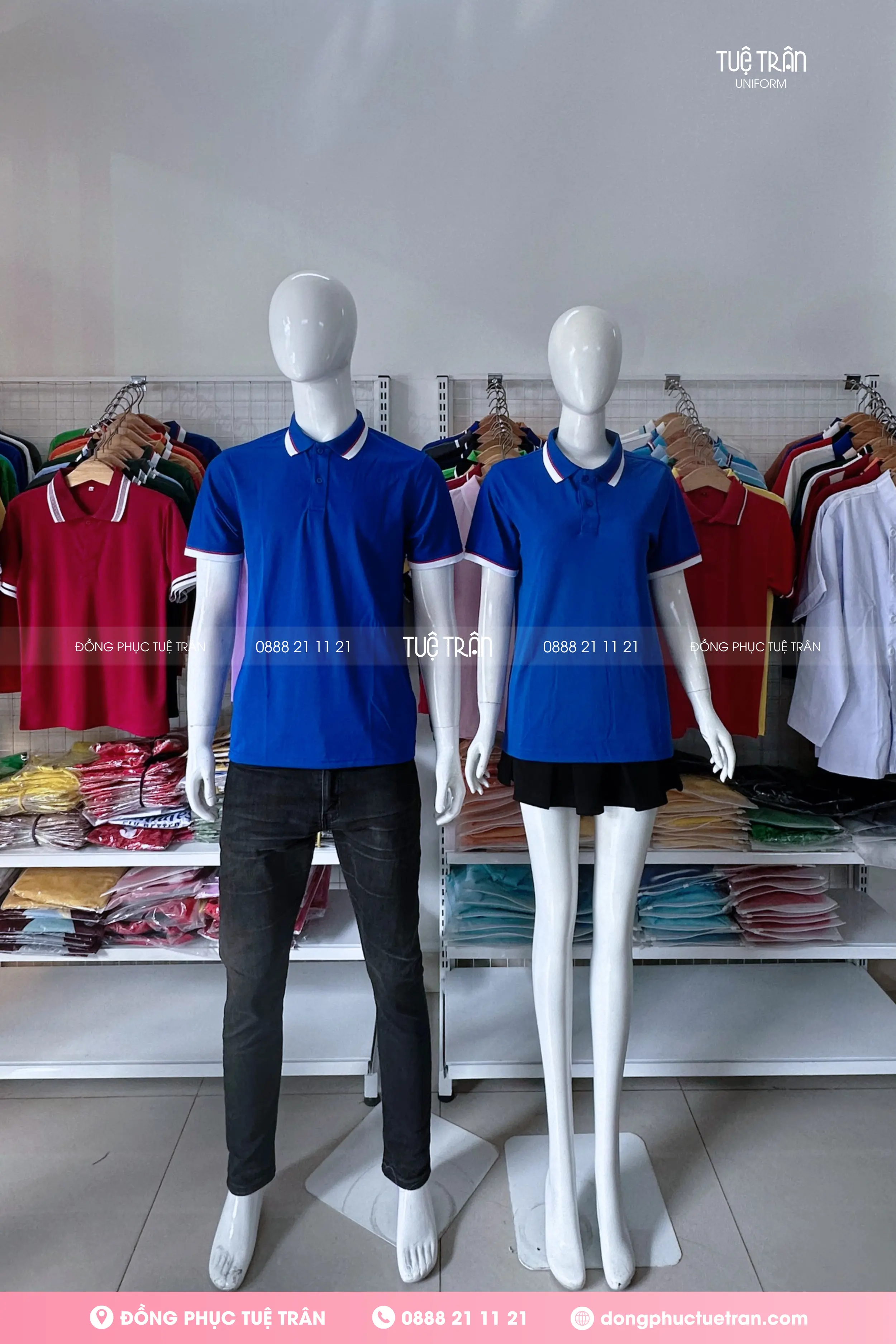 Áo thun polo đồng phục xanh bích phối bo sọc đỏ trắng