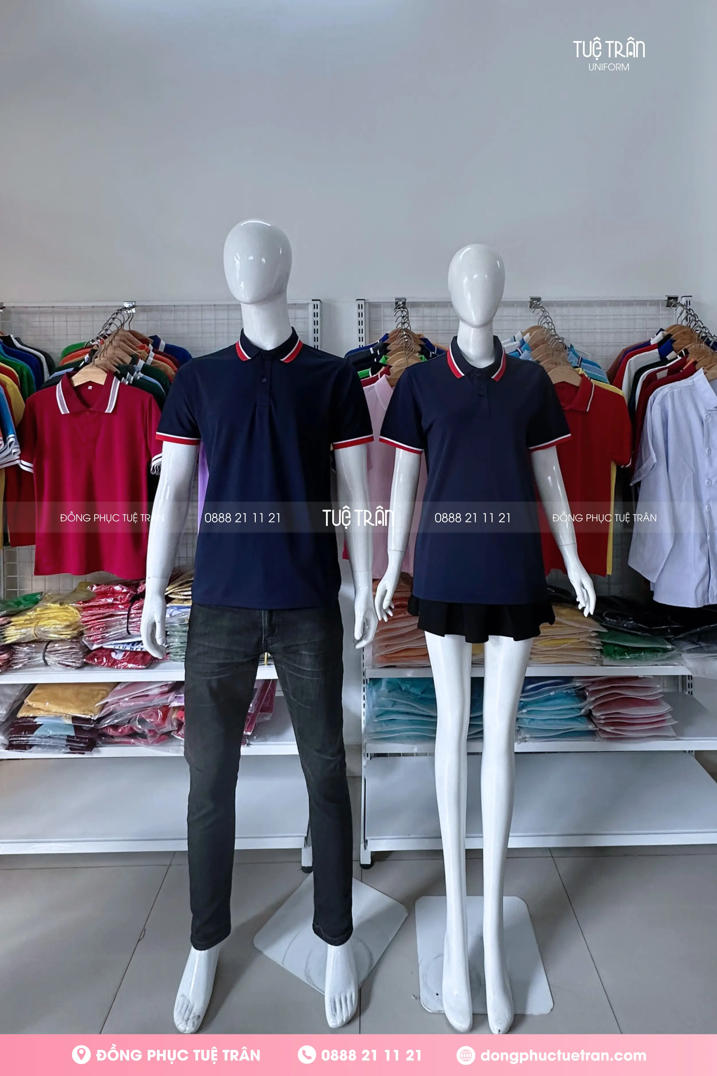 Áo thun polo đồng phục xanh đen phối bo sọc trắng đỏ