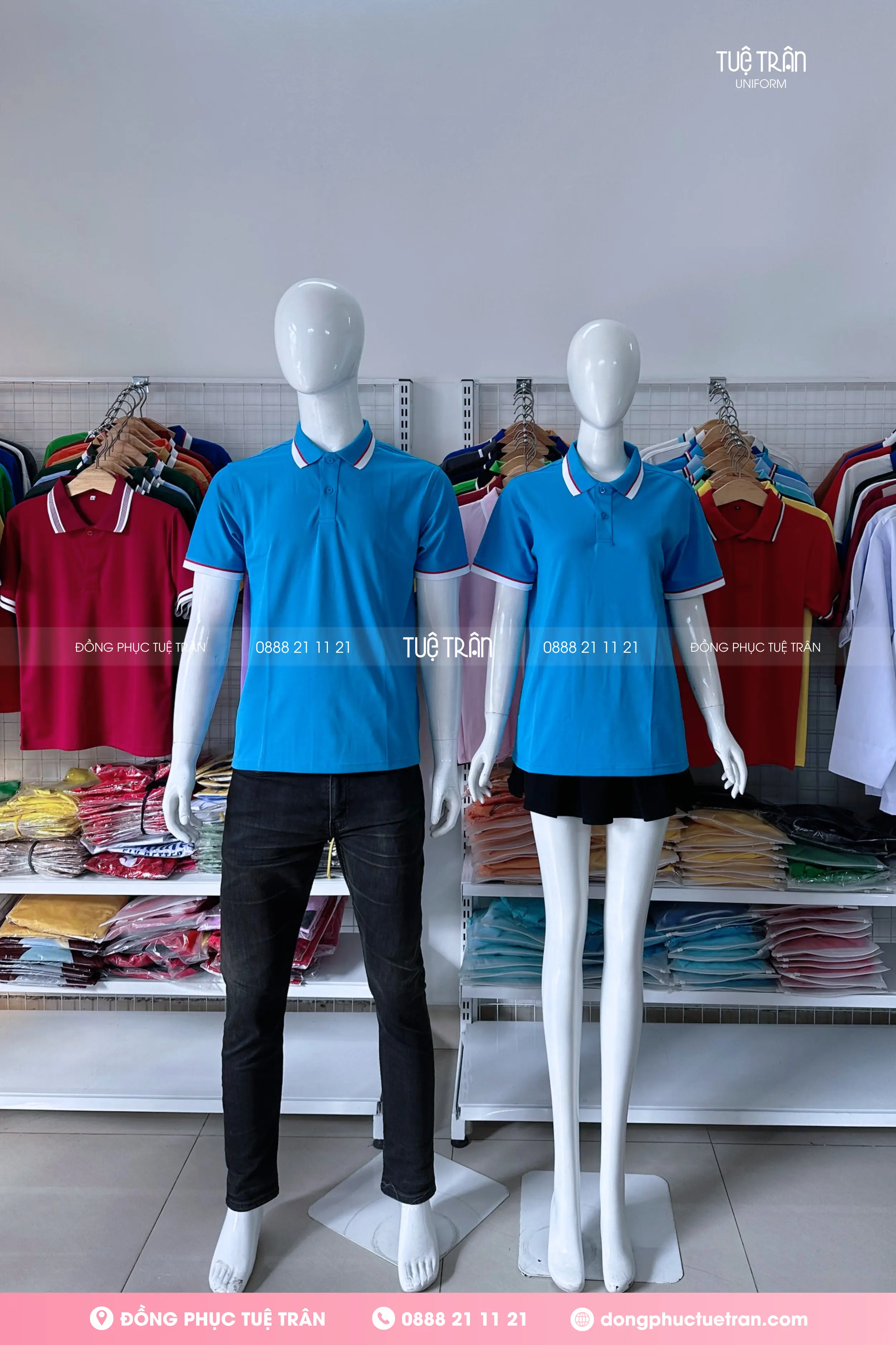 Áo thun polo đồng phục xanh ya phối bo sọc đỏ trắng