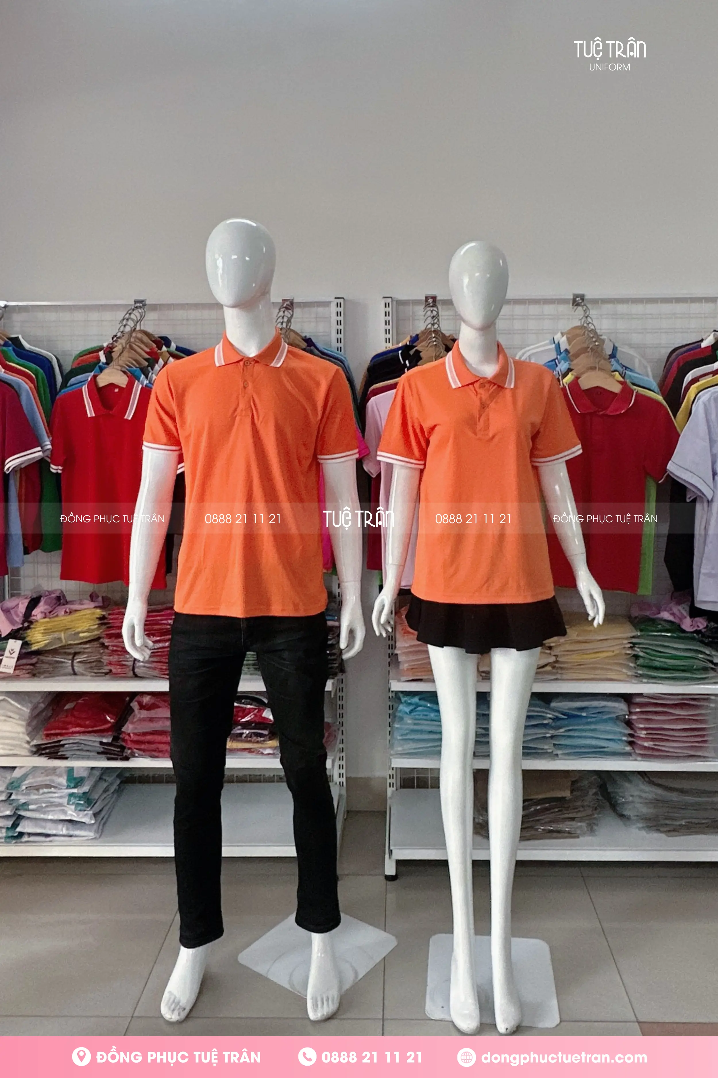 Áo thun polo mè đồng phục cam phối bo sọc