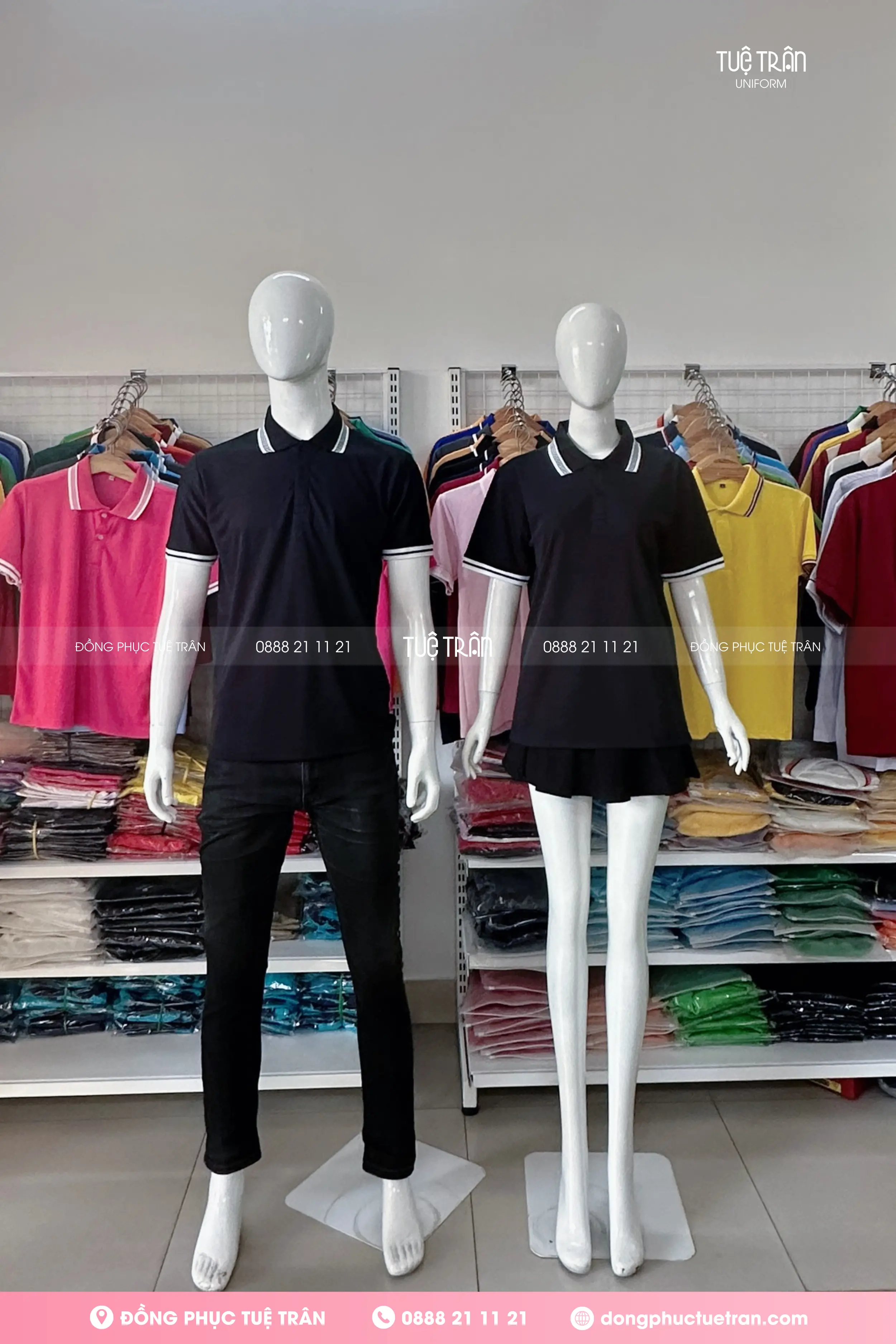 Áo thun polo mè đồng phục đen phối bo sọc