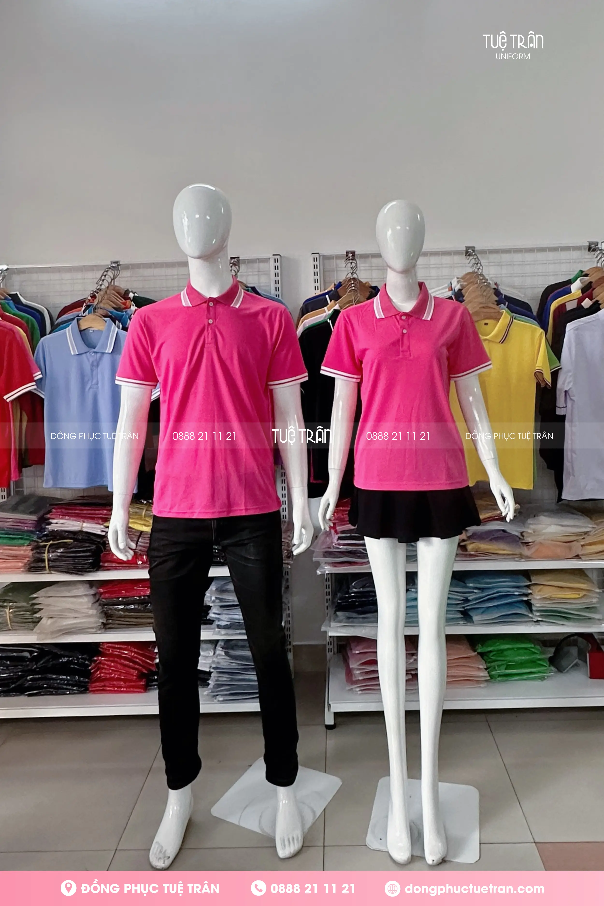 Áo thun polo mè đồng phục hồng sen phối bo sọc
