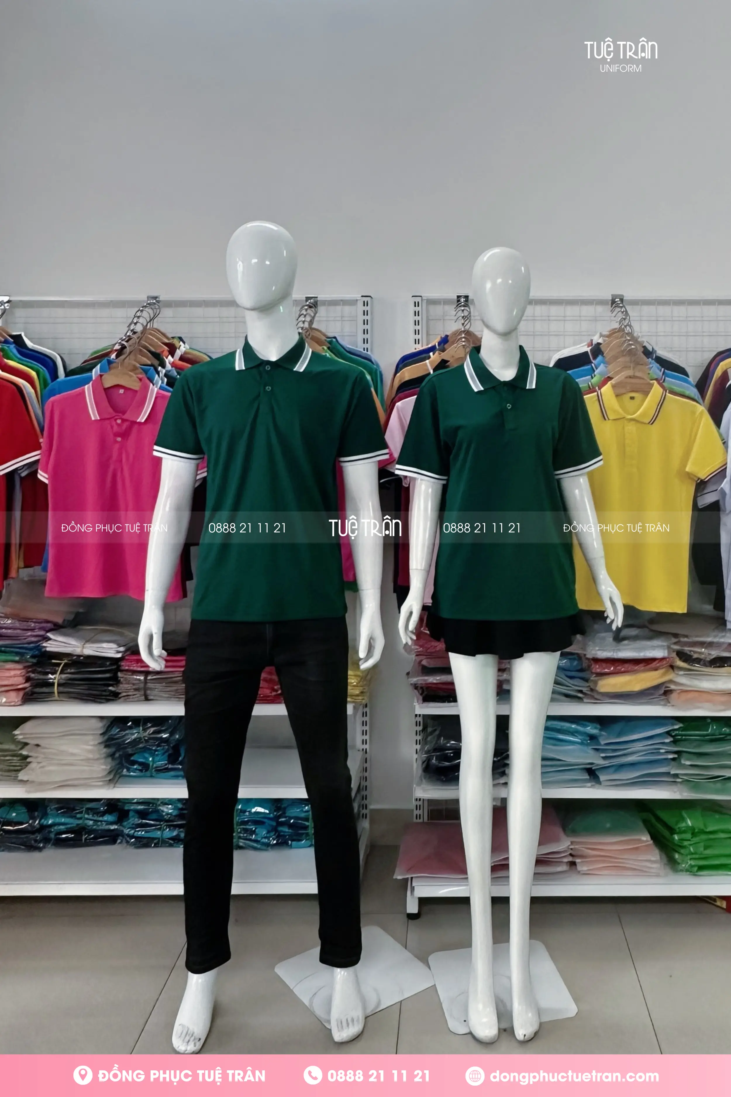 Áo thun polo mè đồng phục xanh ve chai phối bo sọc
