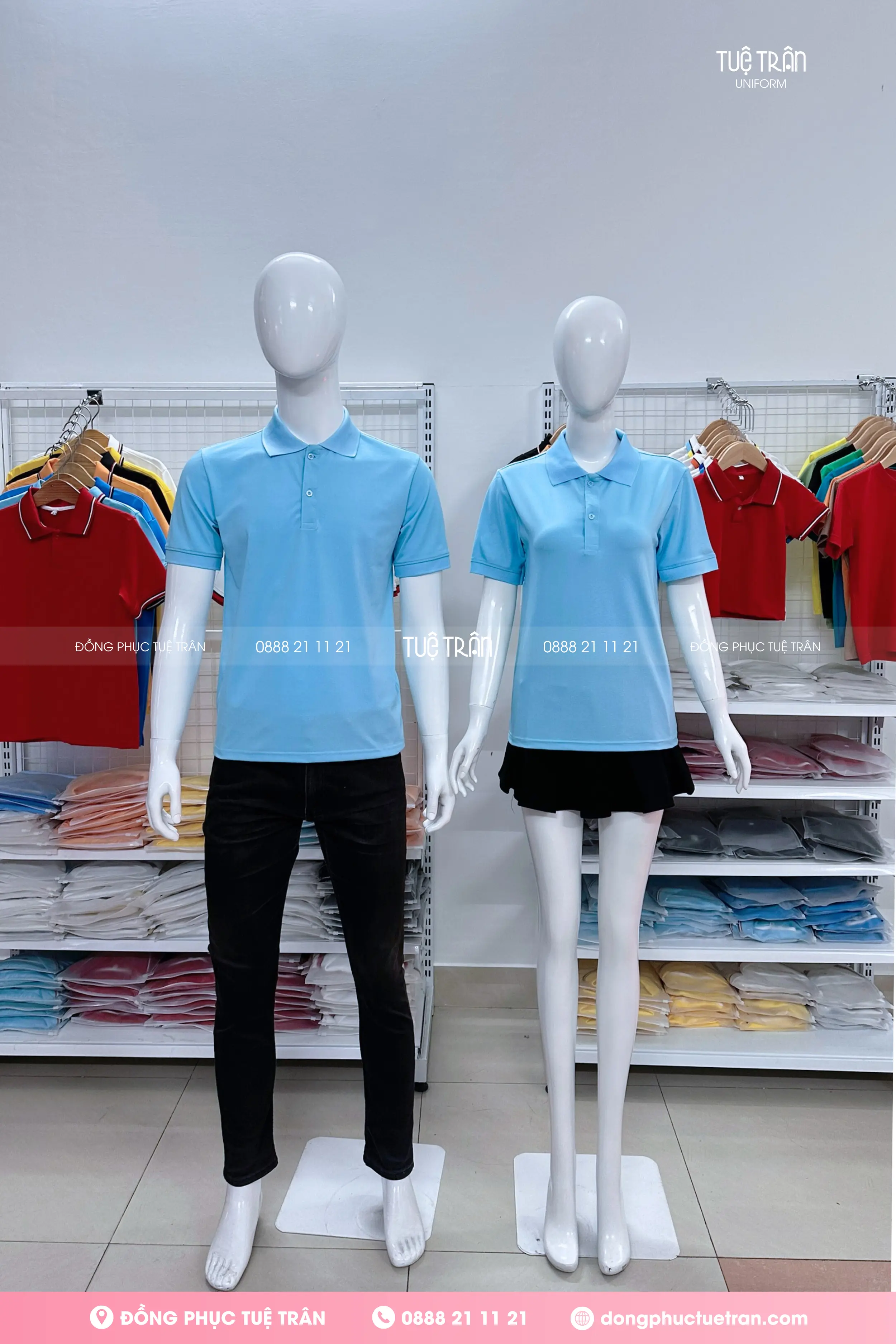 Áo thun polo đồng phục màu xanh thiên thanh