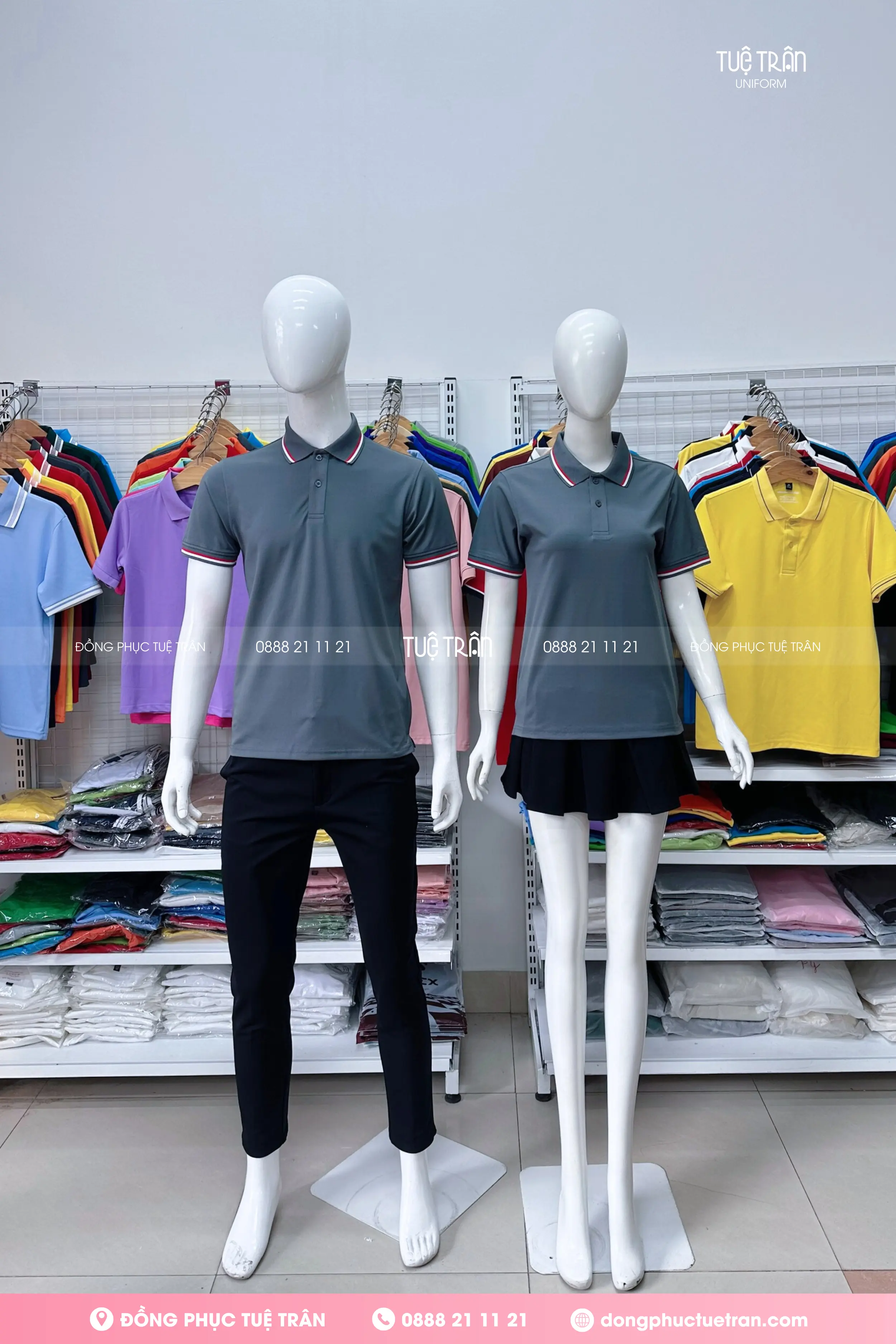 Đồng phục áo thun xẻ tà xám phối bo sọc