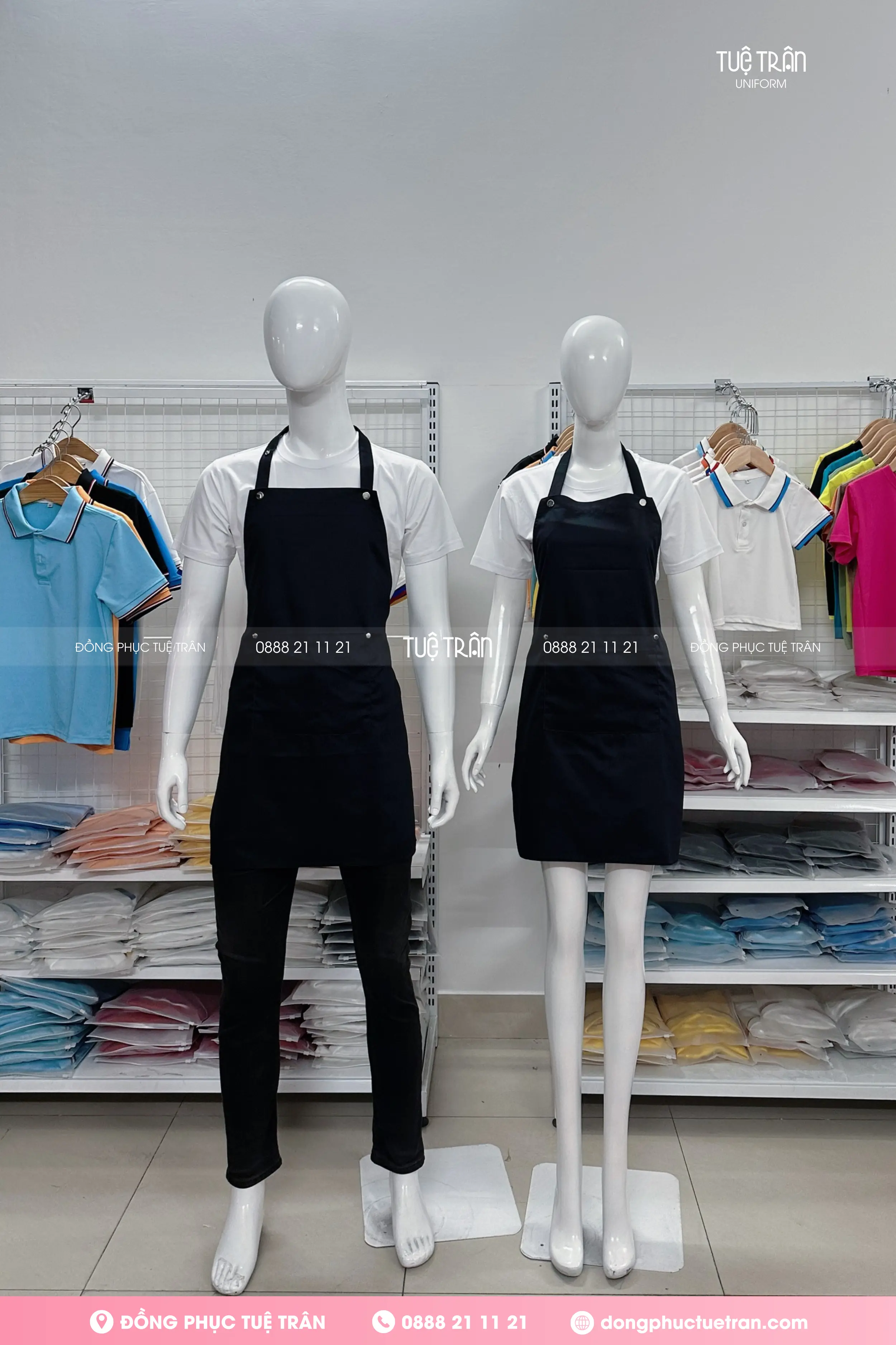 Tạp dề yếm dây gài nút bấm màu đen