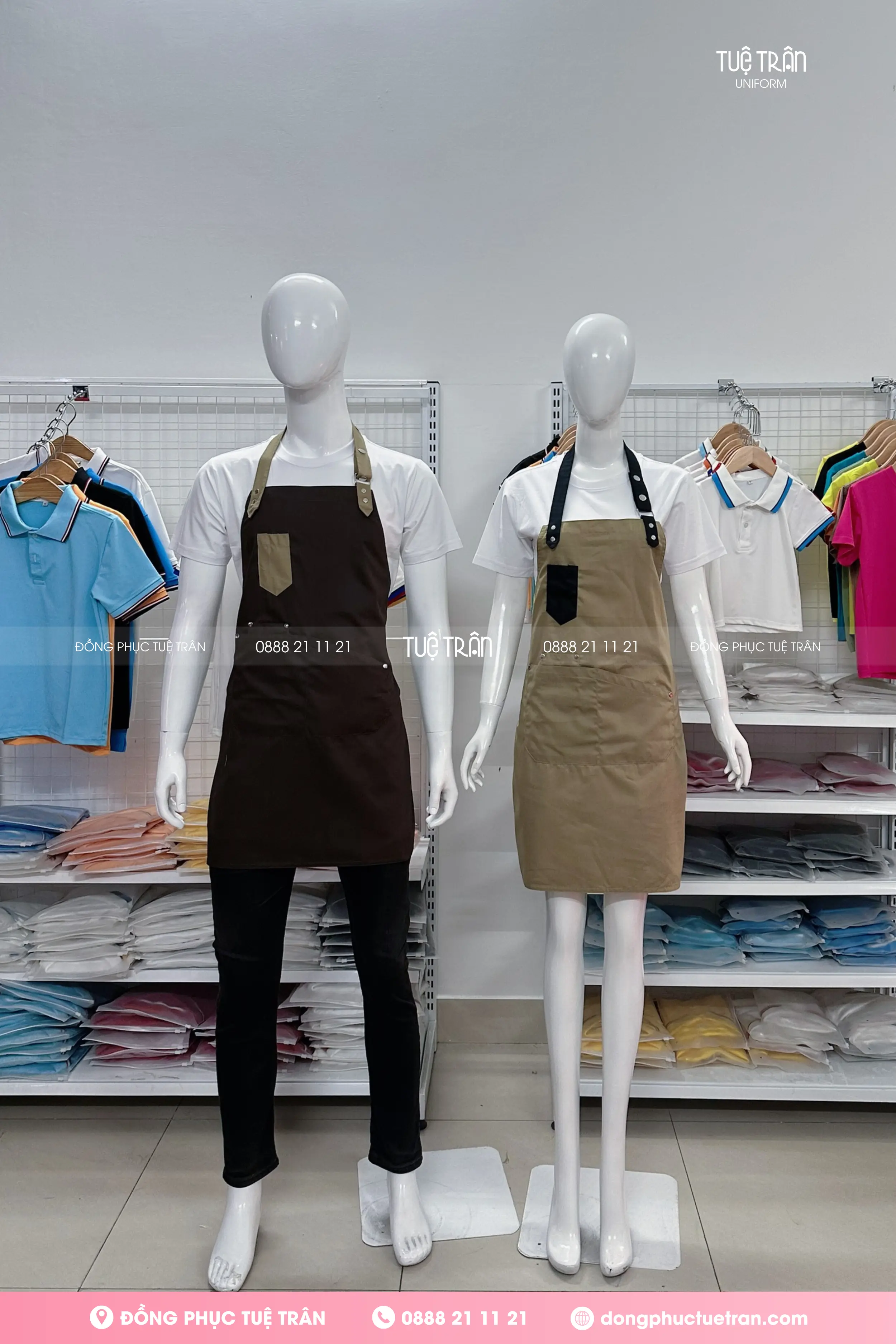 Tạp dề yếm phối túi màu bò lợt
